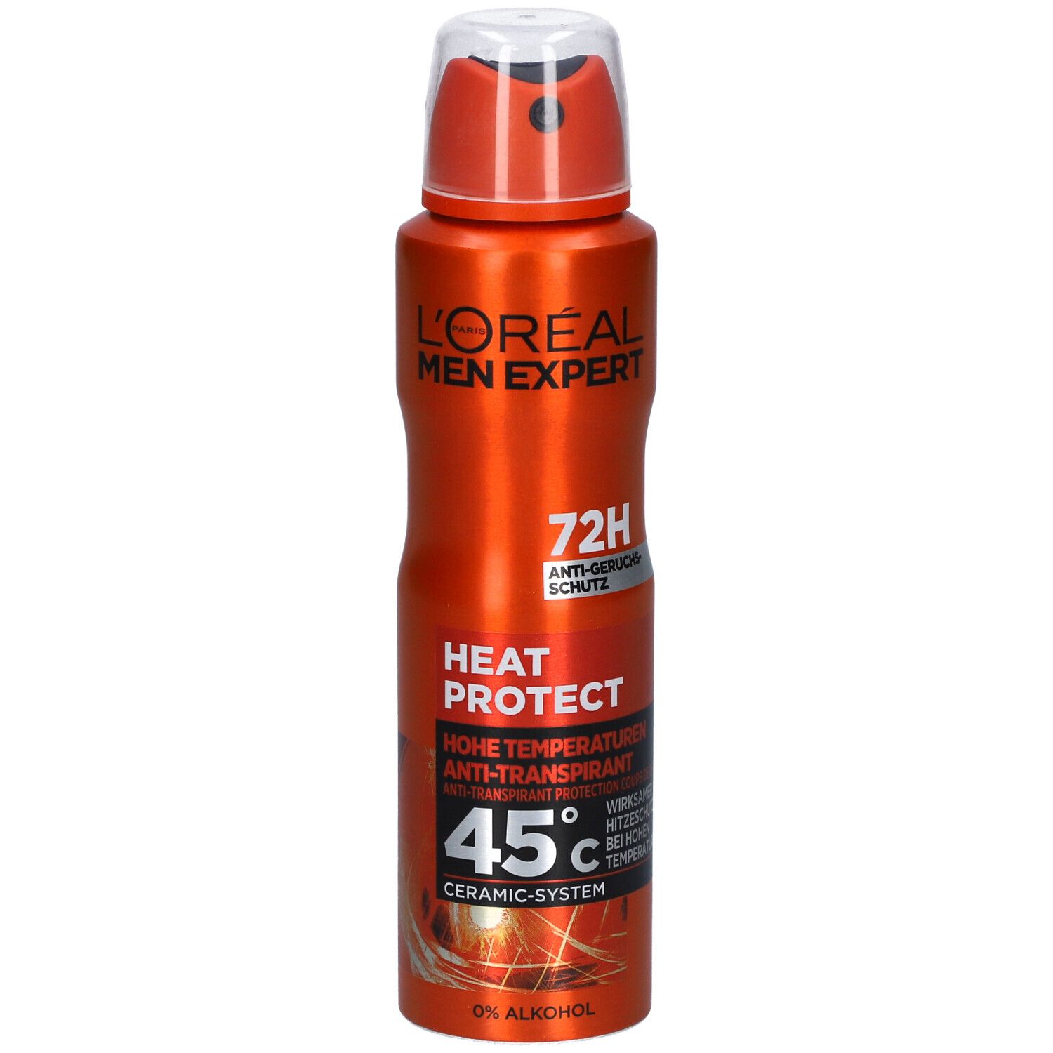 Orangefarbene Sprühdose mit L'Oréal Men Expert Logo. Text: Heat Protect, 45°C, 72h Anti-Geruchsschutz.
