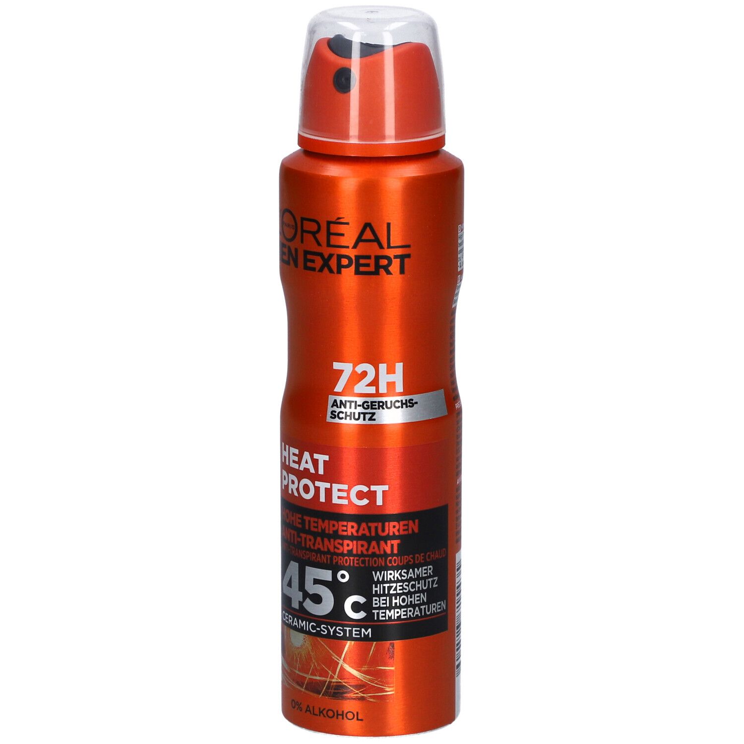 Orangefarbene Sprühdose mit L'Oréal Men Expert Logo. Text: Heat Protect, 45°C, 72h Anti-Geruchsschutz.