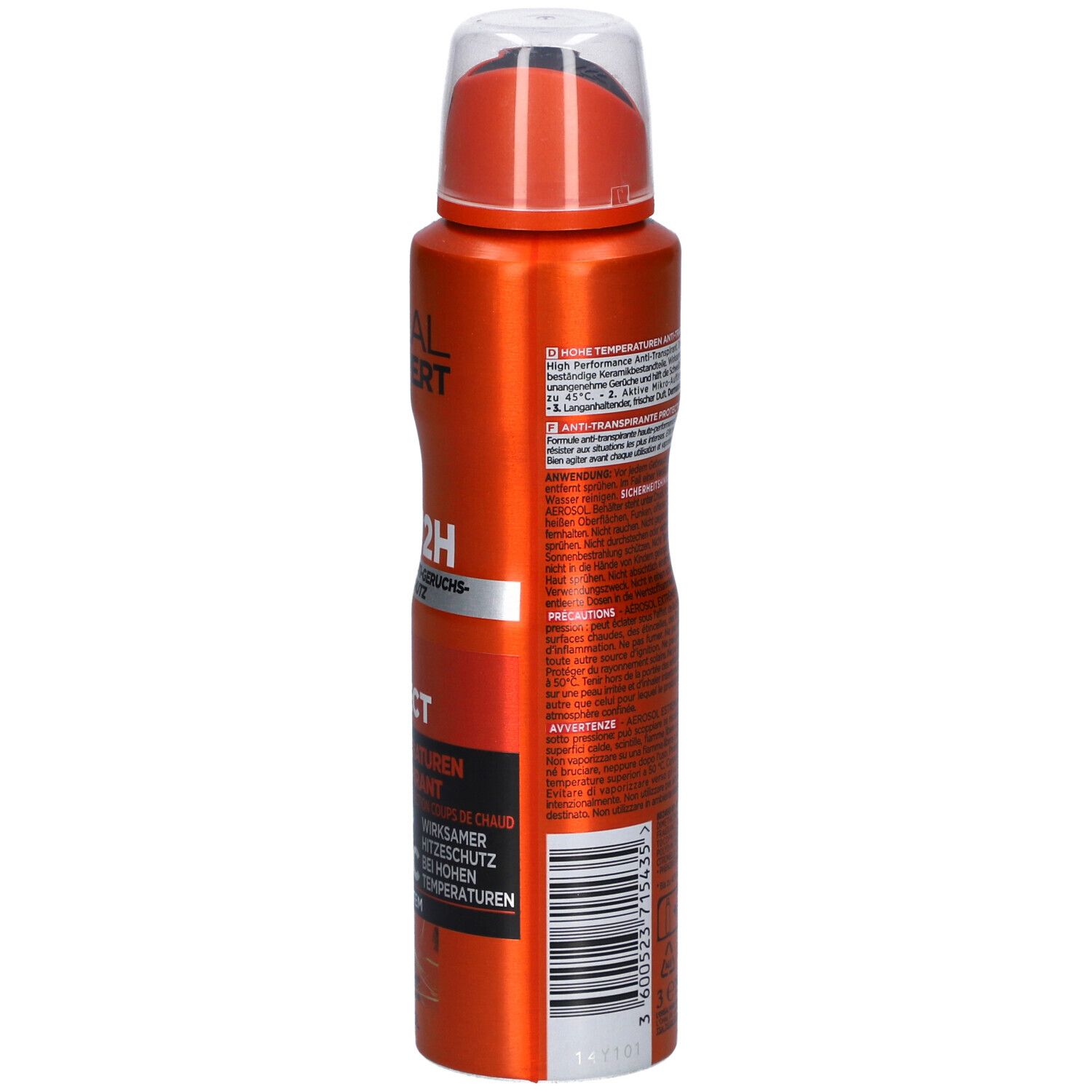 Seite der orangefarbenen Sprühdose. Text: Heat Protect, 72h, Produktinformationen, Warnhinweise.