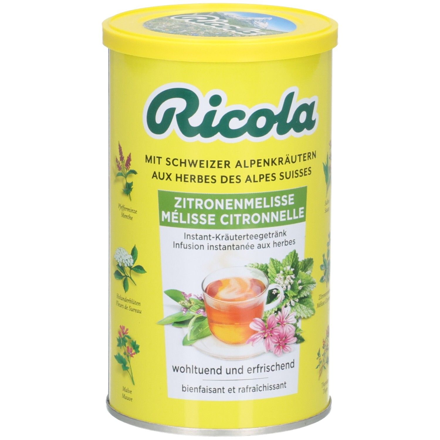 Ricola Instant-Tee Zitronenmelisse Dose mit Kräutern und einer Tasse Tee.