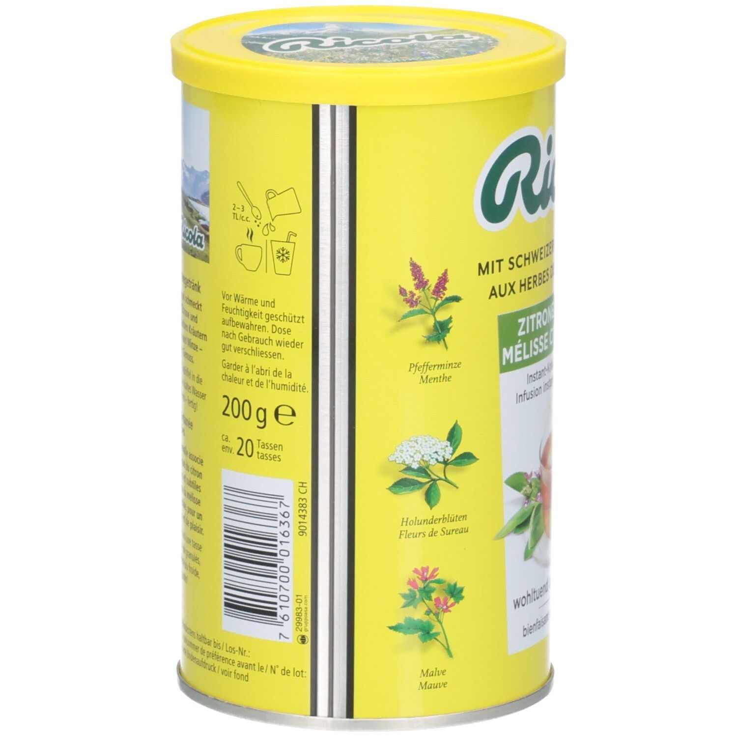 Ricola Instant-Tee Zitronenmelisse Dose, Rückseite mit Zubereitungshinweisen und Kräutern.