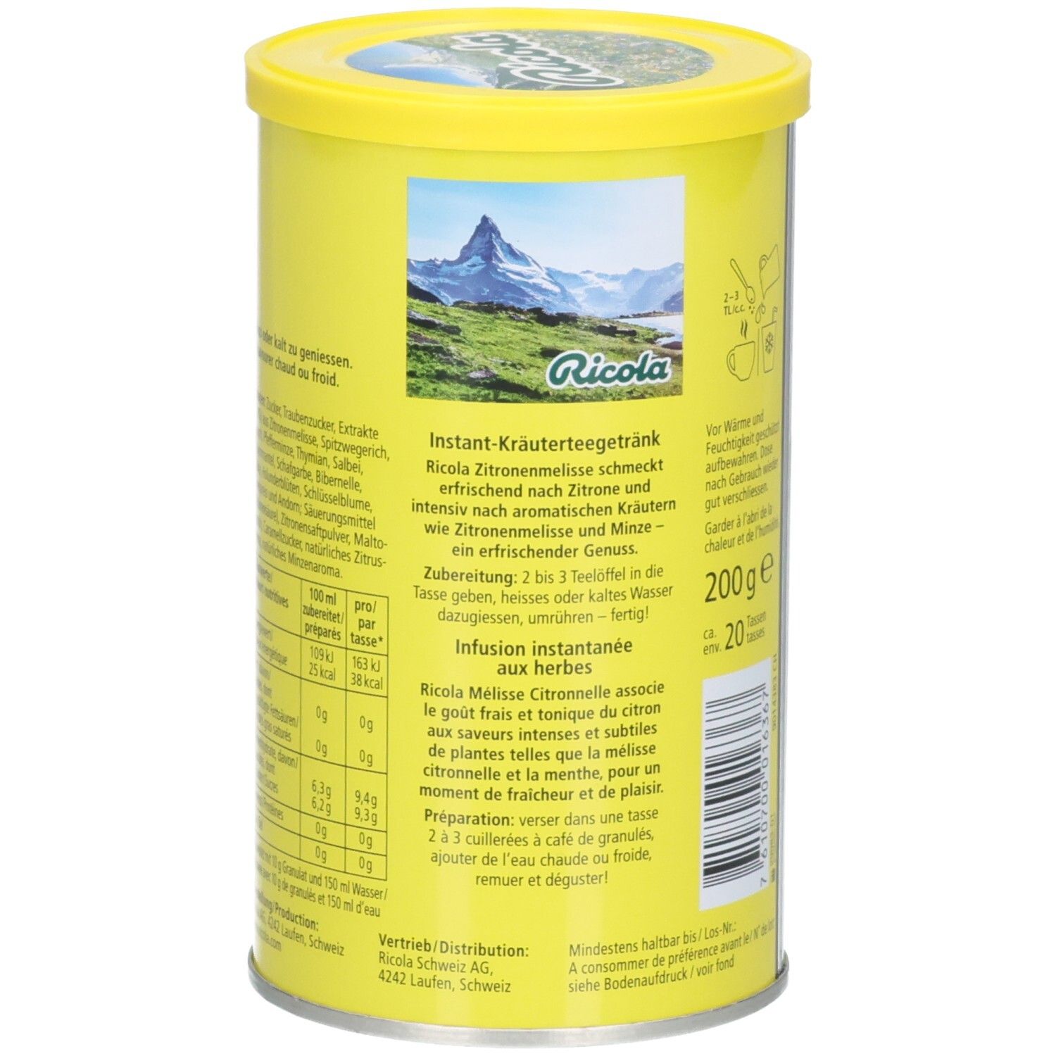 Ricola Instant-Tee Zitronenmelisse Dose, Rückseite mit Bergmotiv und Zubereitung.