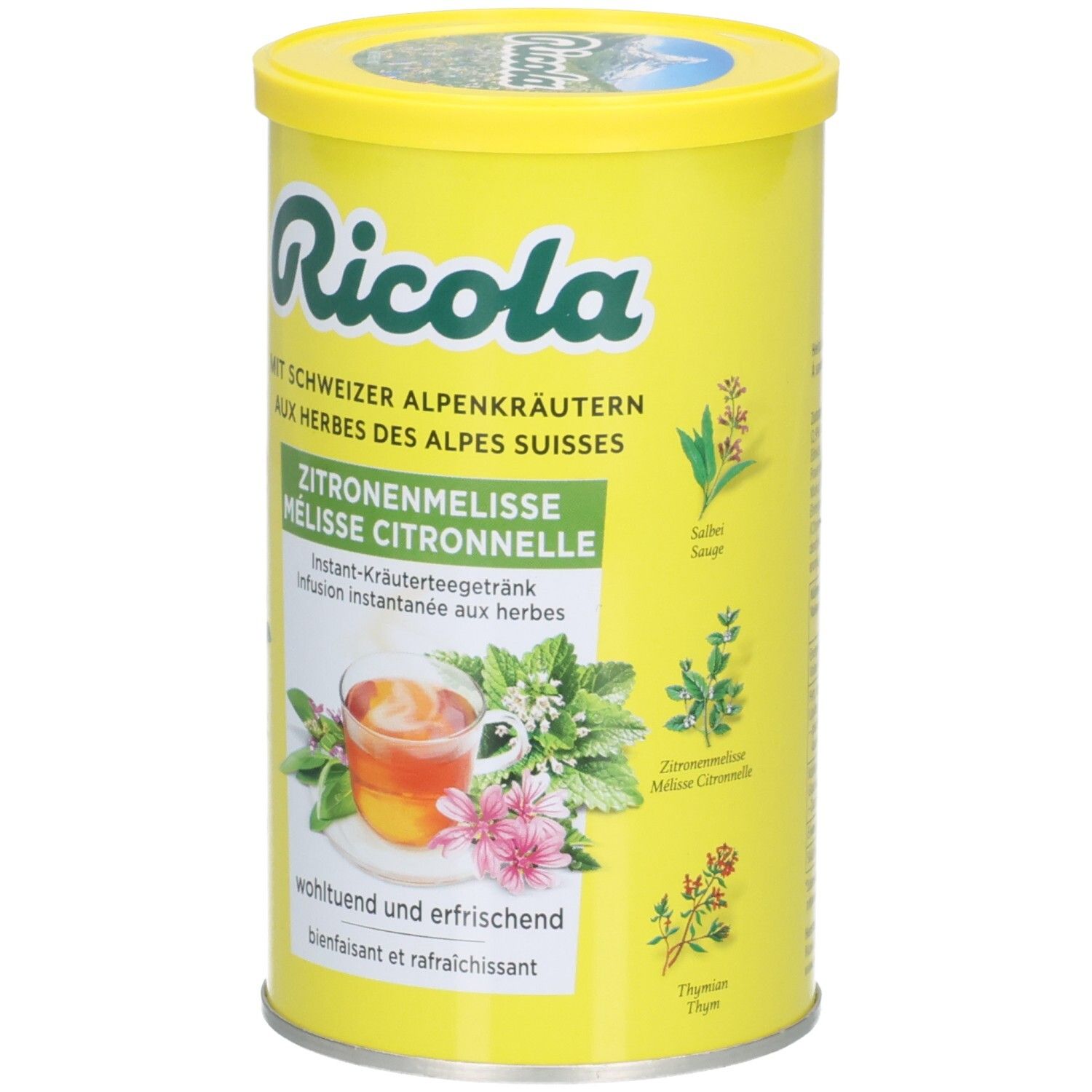 Ricola Instant-Tee Zitronenmelisse Dose mit Kräutern und einer Tasse Tee.