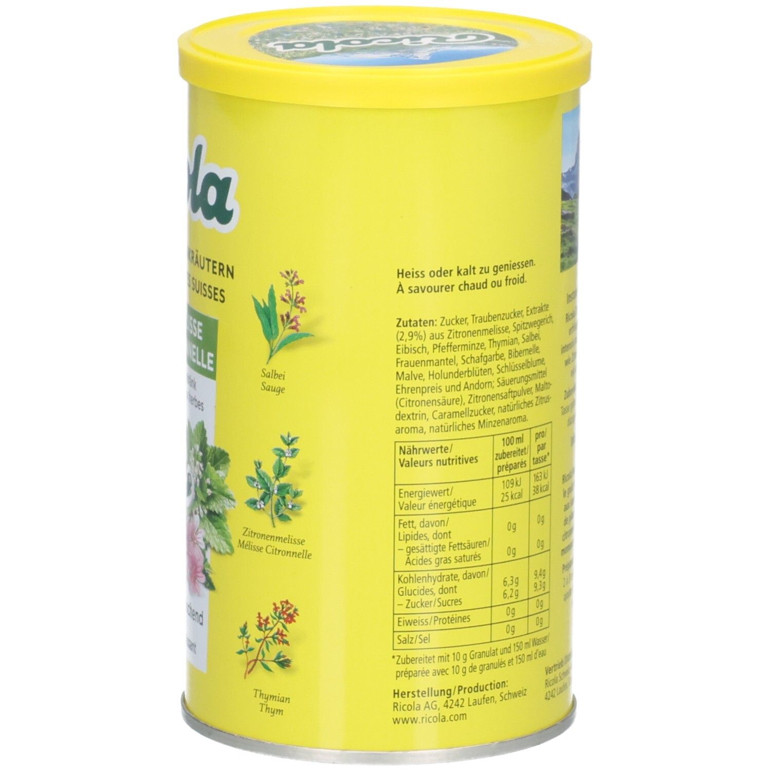 Ricola Instant-Tee Zitronenmelisse Dose, Rückseite mit Nährwertangaben und Kräutern.