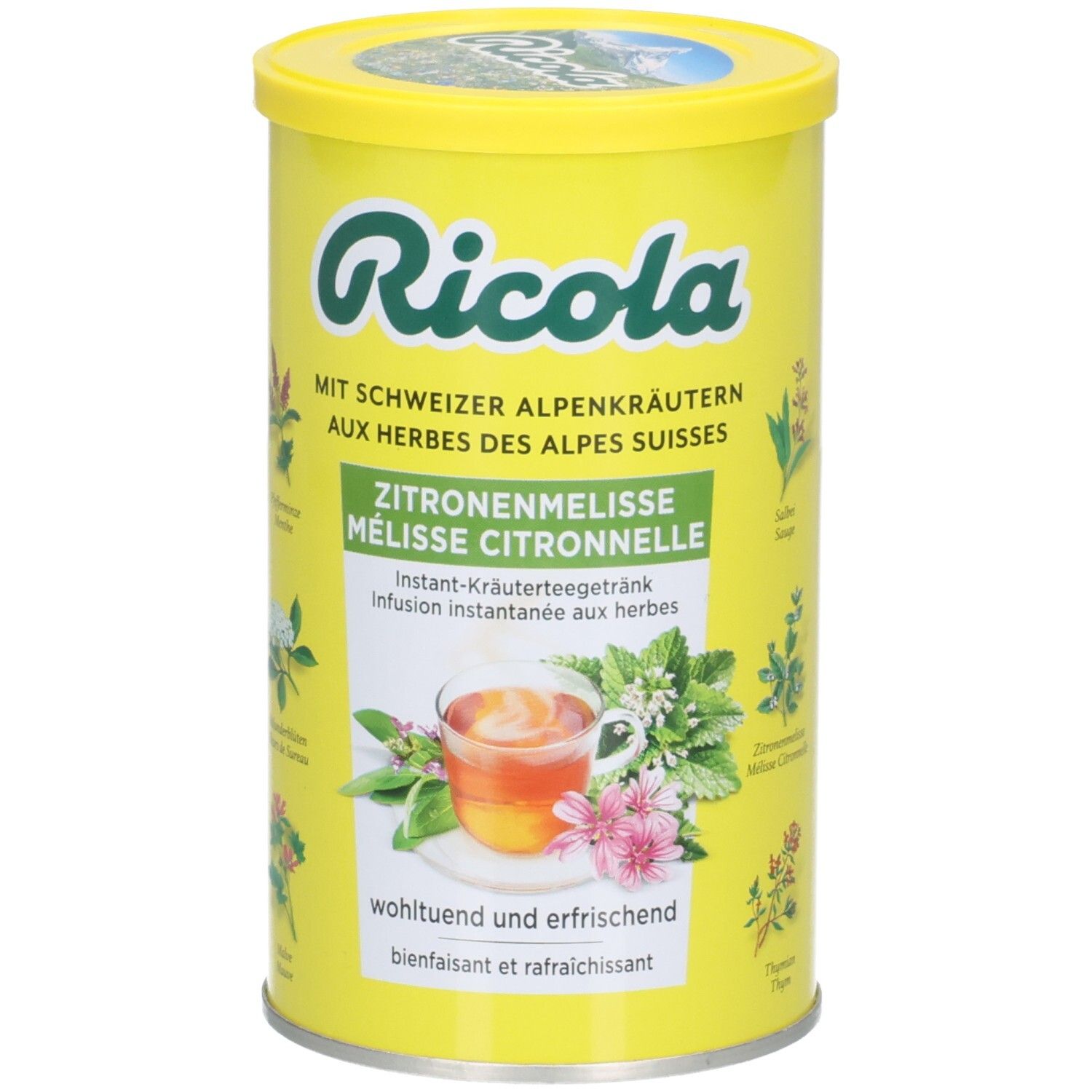 Ricola Instant-Tee Zitronenmelisse Dose mit Kräutern und einer Tasse Tee.