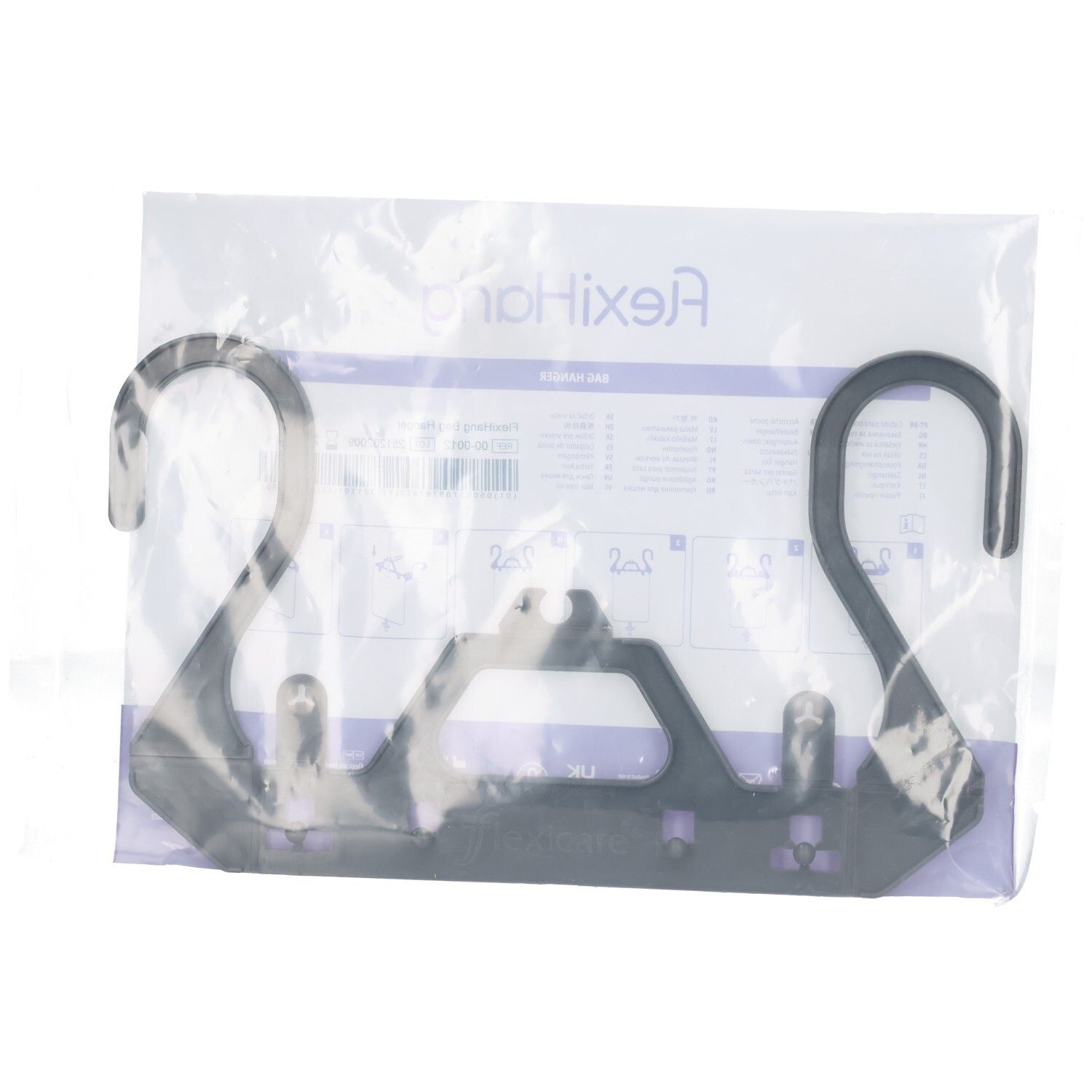 Schwarzer Beutelhalter aus Kunststoff in transparenter Verpackung.
