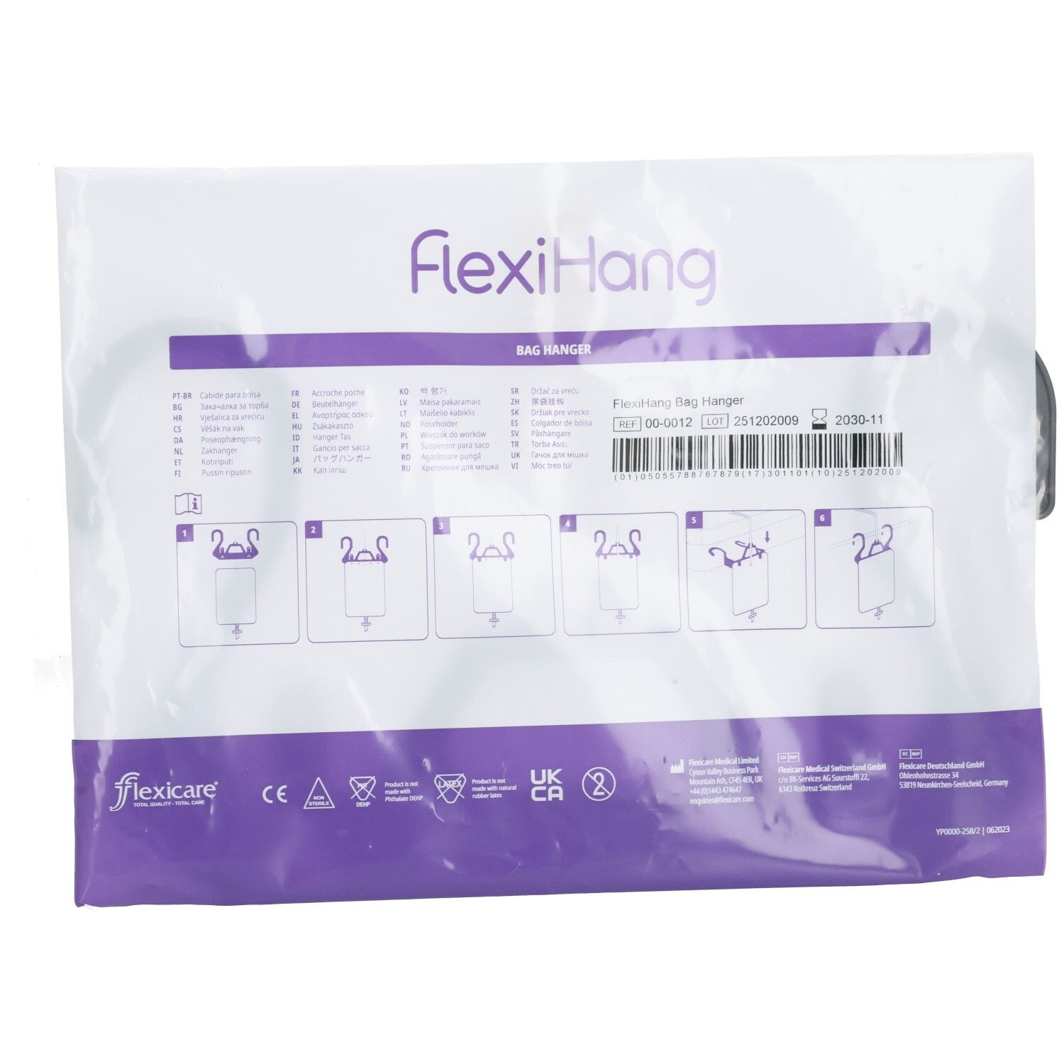 Verpackung des FlexiHang Beutelhalters mit Anleitungsbildern.