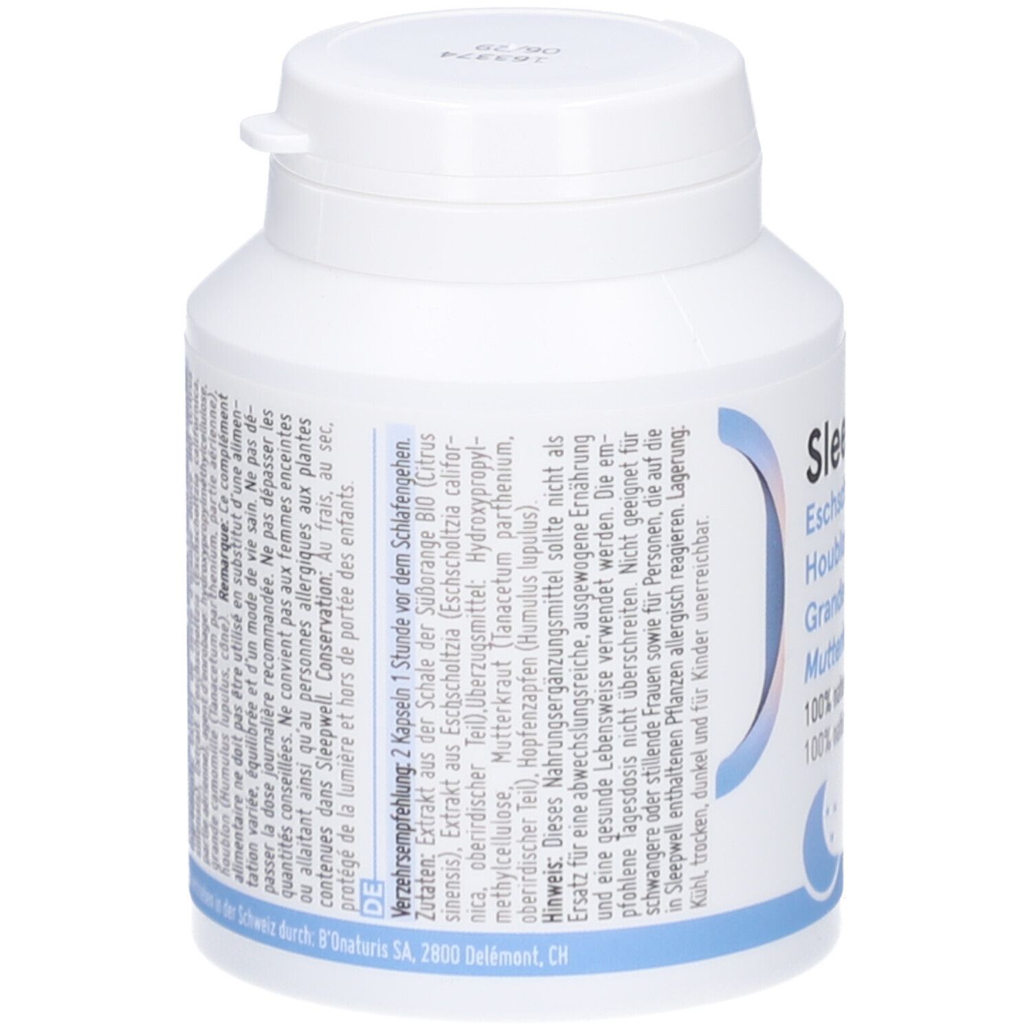 Weiße Kapsel-Dose mit blauem Etikett. Text: Sleepwell, Inhaltsstoffe, 100% natürlich. Deckel mit Klappverschluss.