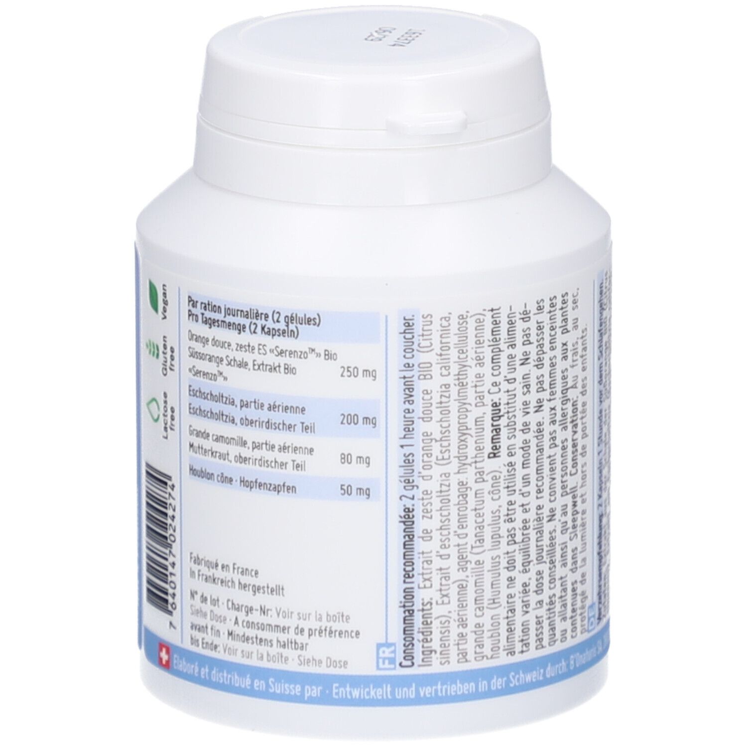 Weiße Kapsel-Dose mit blauem Etikett. Text: Inhaltsstoffe, Dosierung. Vegan, glutenfrei, laktosefrei. Deckel mit Klappverschluss.