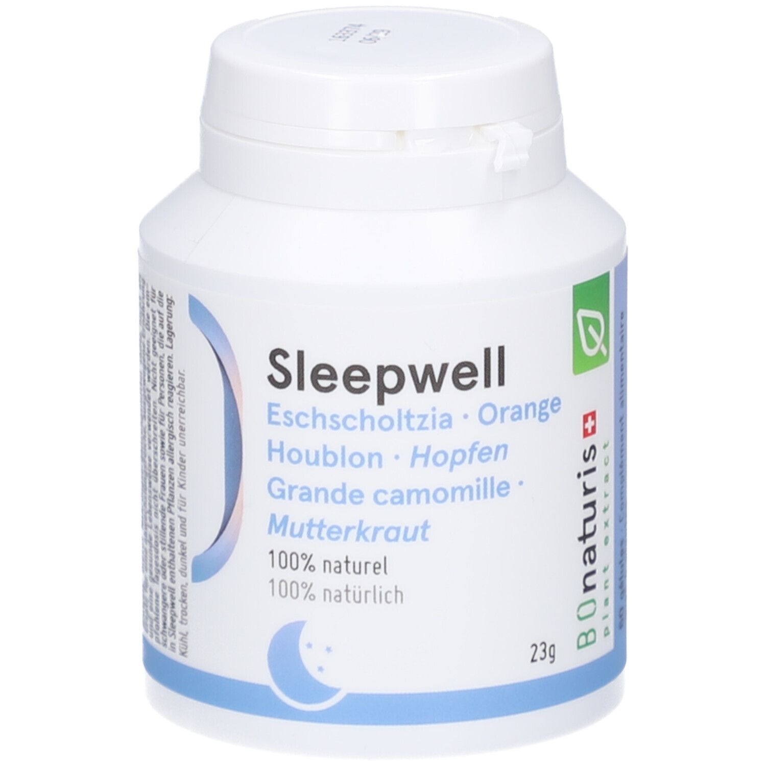 Weiße Kapsel-Dose mit blauem Etikett. Text: Sleepwell, 100% natürlich, 23g. Mond-Symbol. Logo: B'onaturis+.