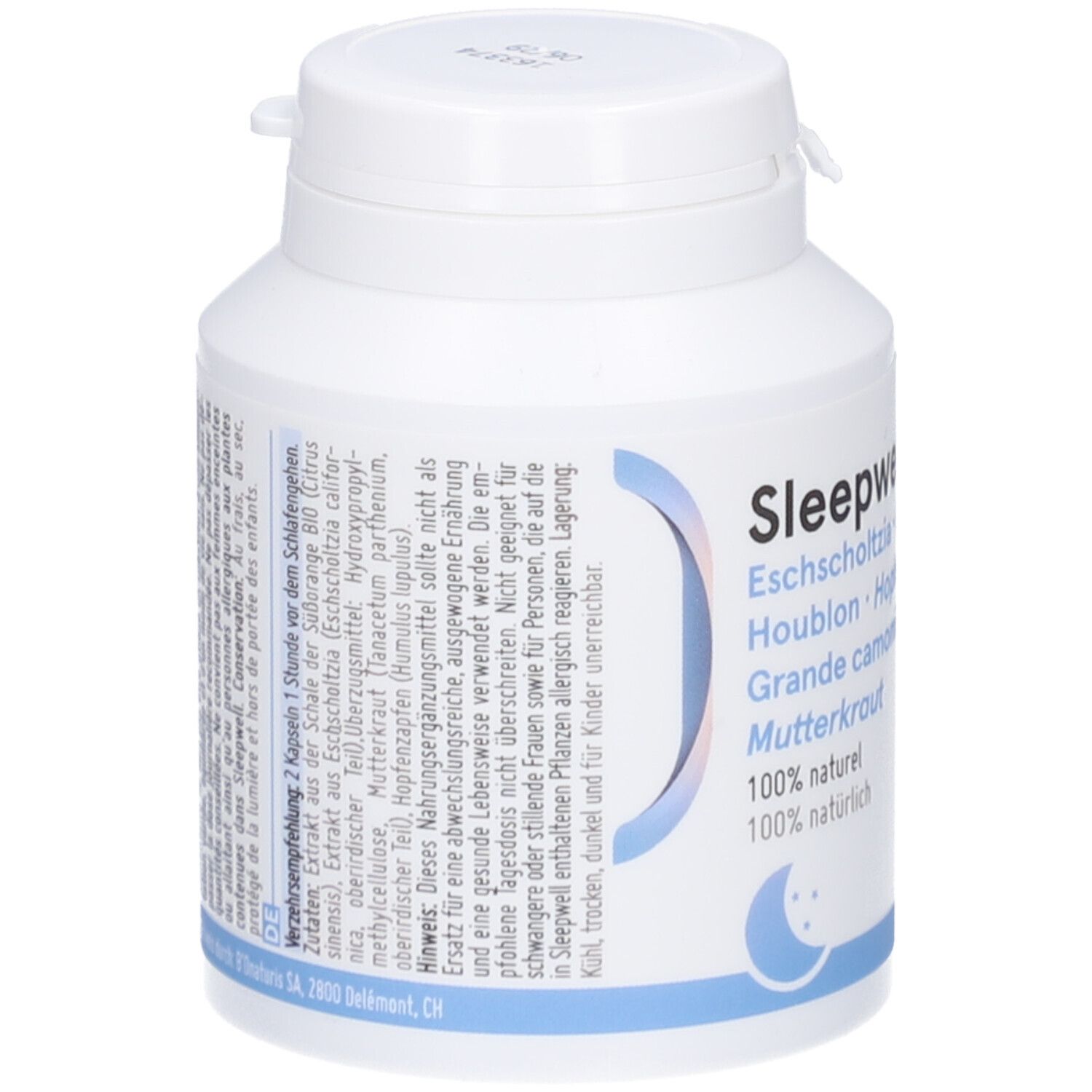 Weiße Kapsel-Dose mit blauem Etikett. Text: Sleepwell, Inhaltsstoffe, 100% natürlich. Deckel mit Klappverschluss.