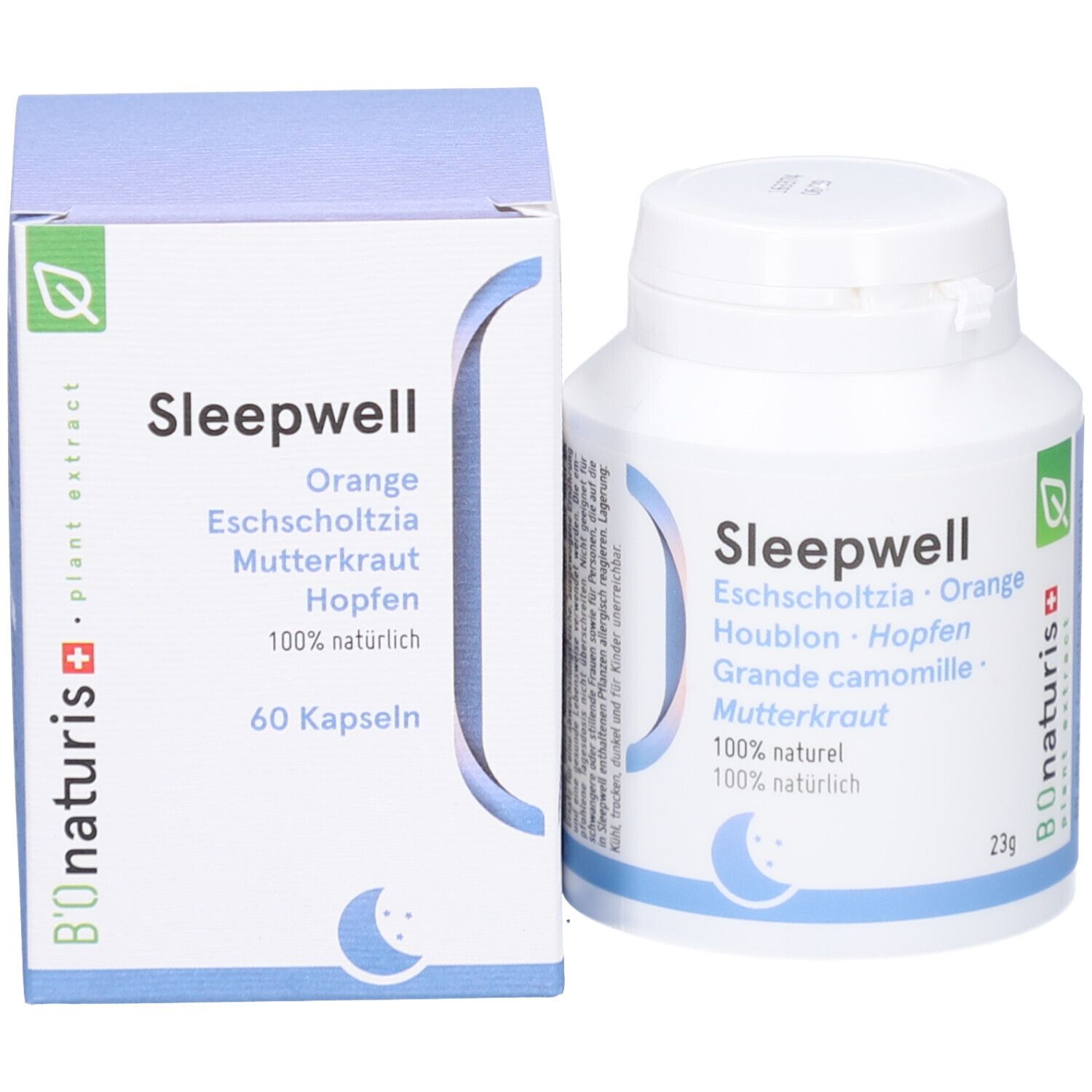 Produktverpackung: Dose und Schachtel. Text: Sleepwell, 60 Kapseln, 100% natürlich. Logo: B'onaturis+.
