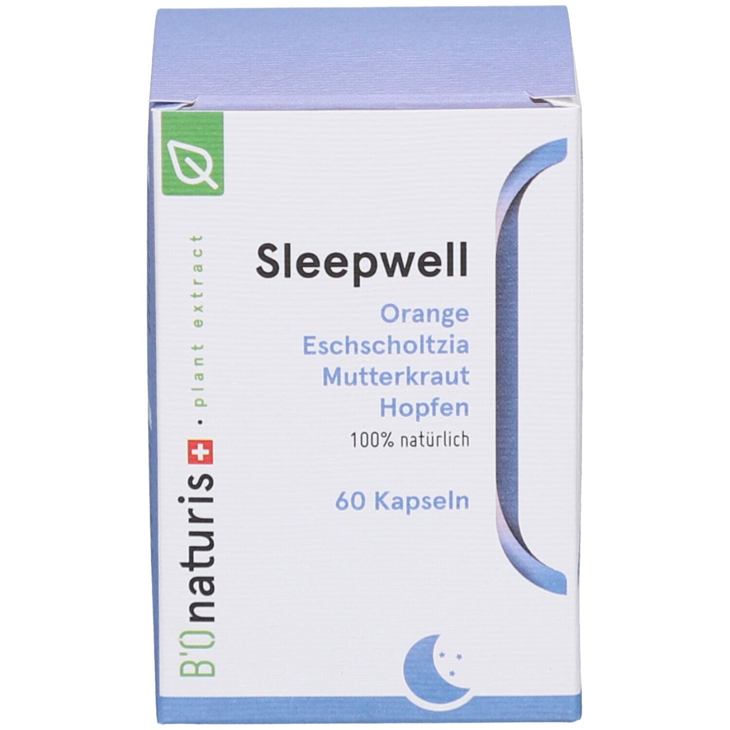 Blaue Produktverpackung. Text: Sleepwell, 60 Kapseln, 100% natürlich. Logo: B'onaturis+.