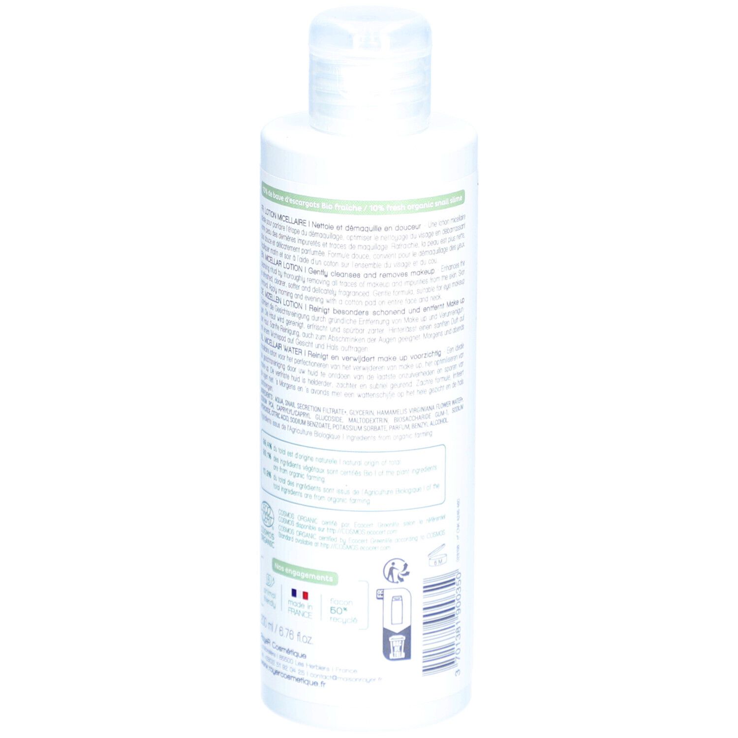 Rückseite der weißen Flasche. Text in mehreren Sprachen. Logo "Cosmétique Bio". Volumenangabe: 200 ml.