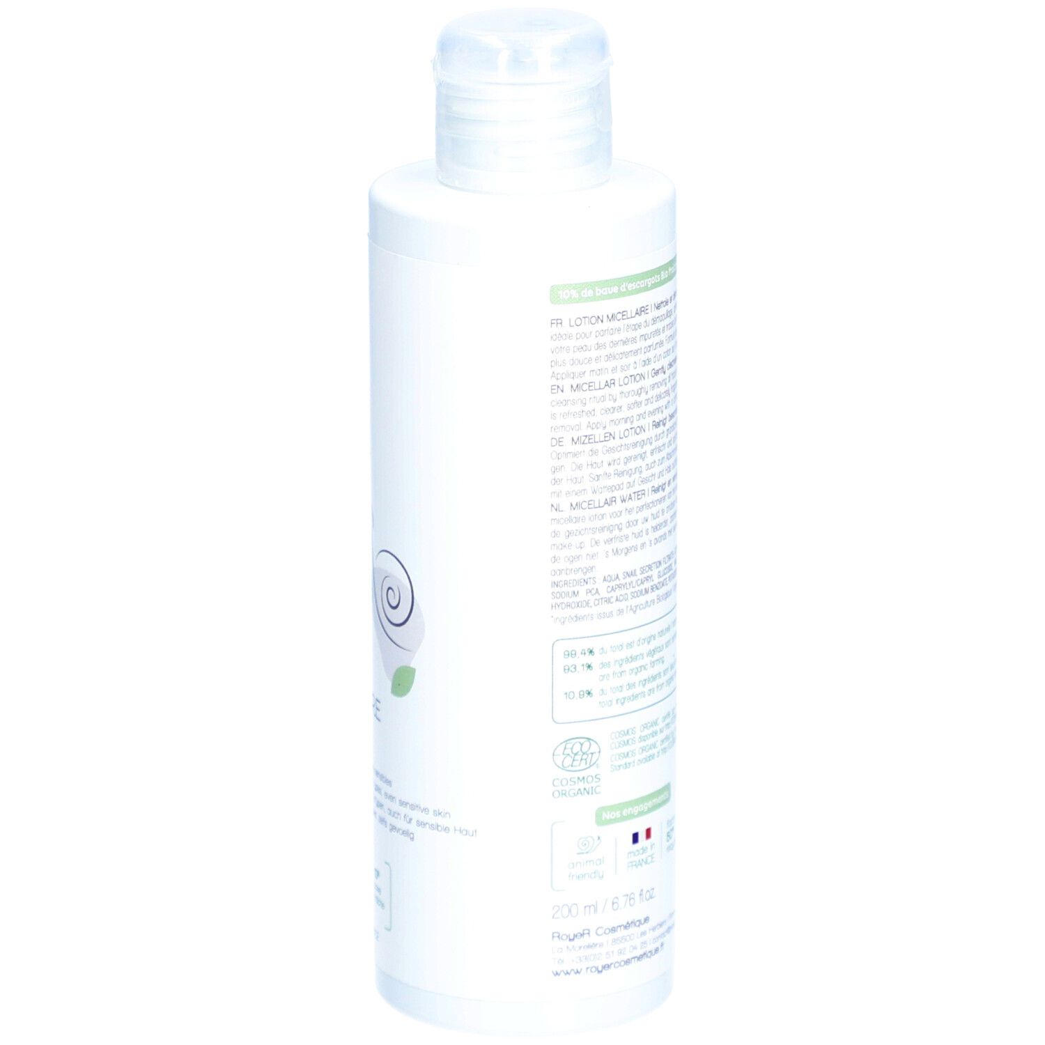 Rückseite der weißen Flasche. Text in mehreren Sprachen. Logo "Cosmétique Bio". Volumenangabe: 200 ml.