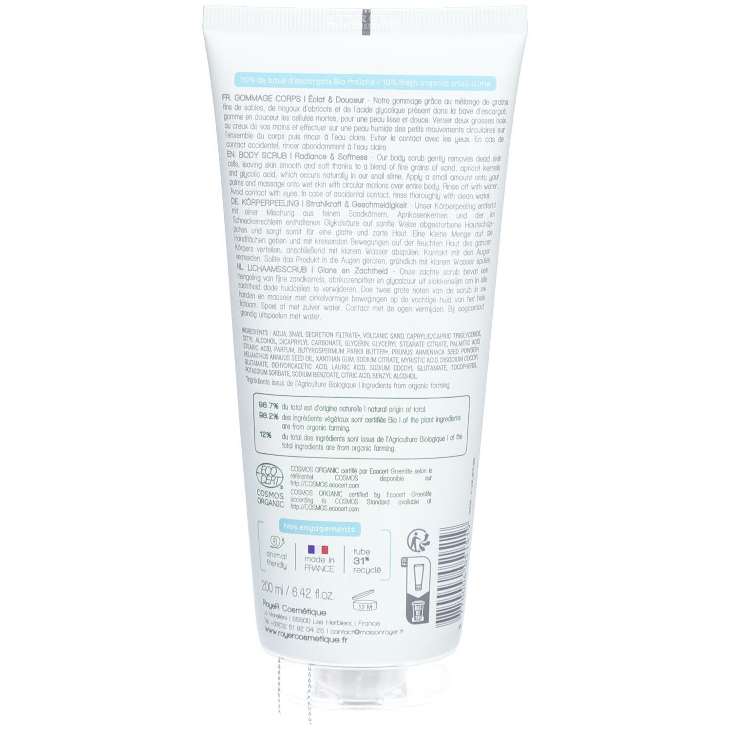 Weiß-blaue Tube. Text in mehreren Sprachen. COSMOS ORGANIC-Zertifizierung. Hergestellt in Frankreich. Volumen: 200 ml.