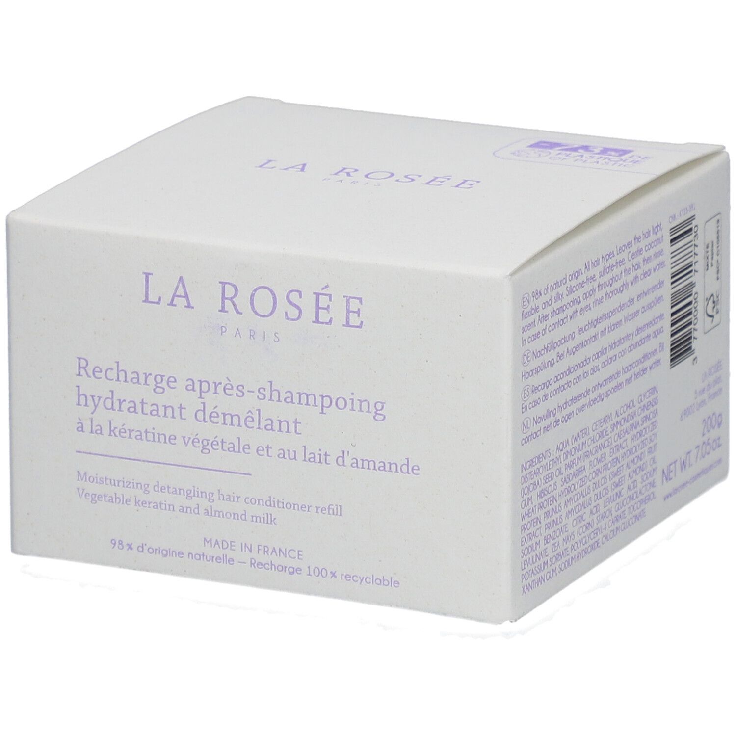 Boîte blanche avec informations produit. Inscription: LA ROSÉE PARIS, Recharge après-shampooing hydratant démêlant.