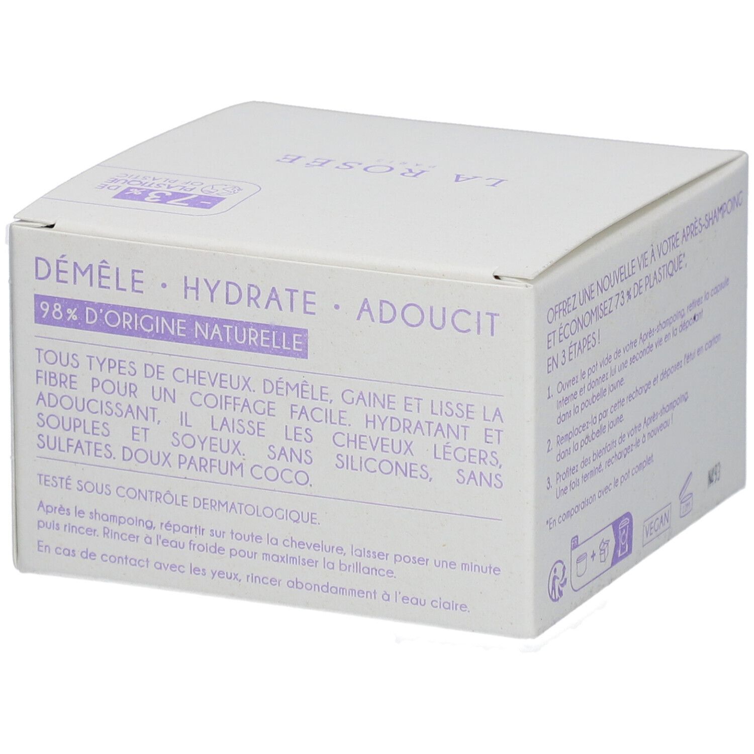 Boîte blanche avec informations produit. Texte: DÉMÊLE • HYDRATE • ADOUCIT. 98% d'origine naturelle. Testé sous contrôle dermatologique.