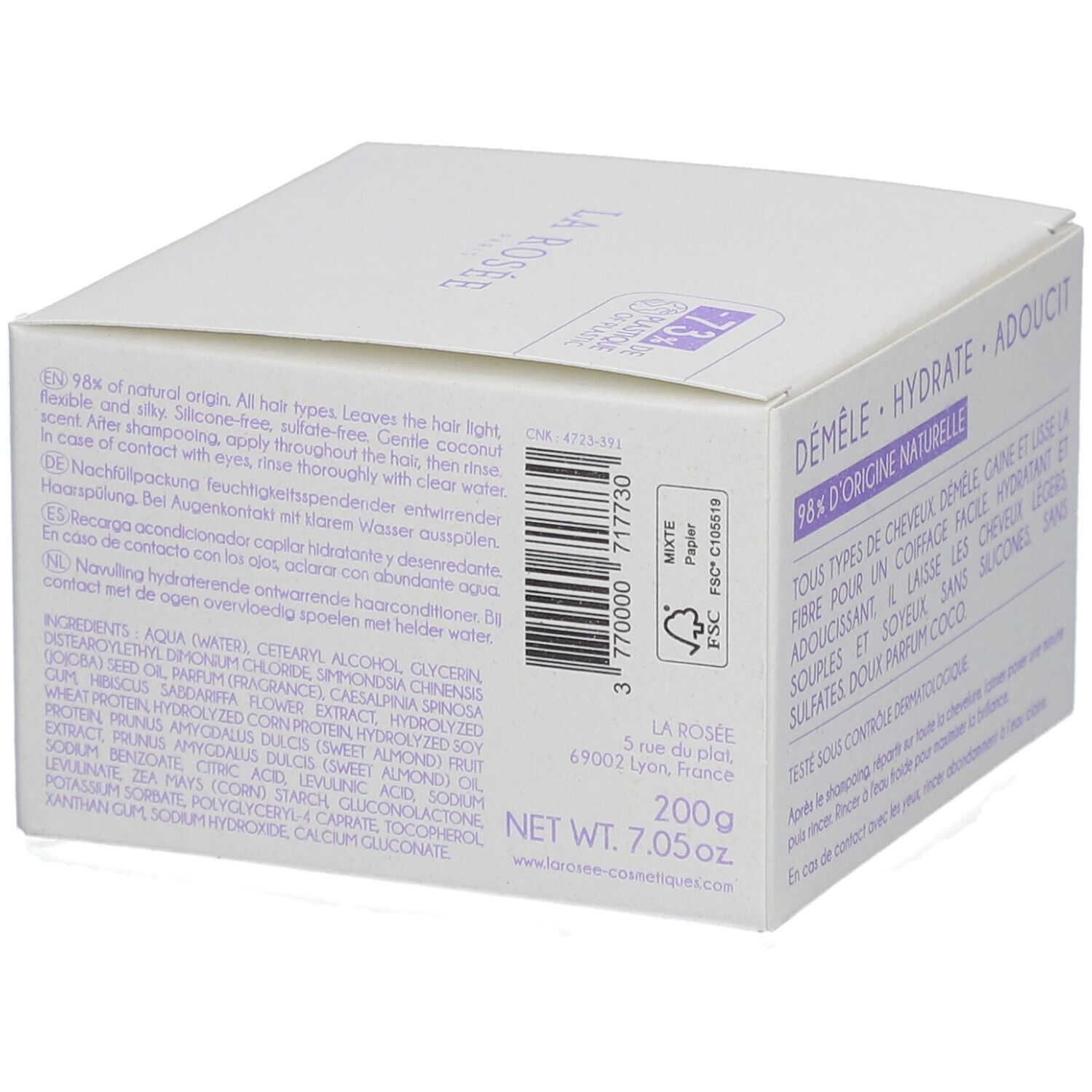Boîte blanche avec informations produit. Texte: 98% d'origine naturelle. 200g. www.larosee-cosmetiques.com. Certification FSC.