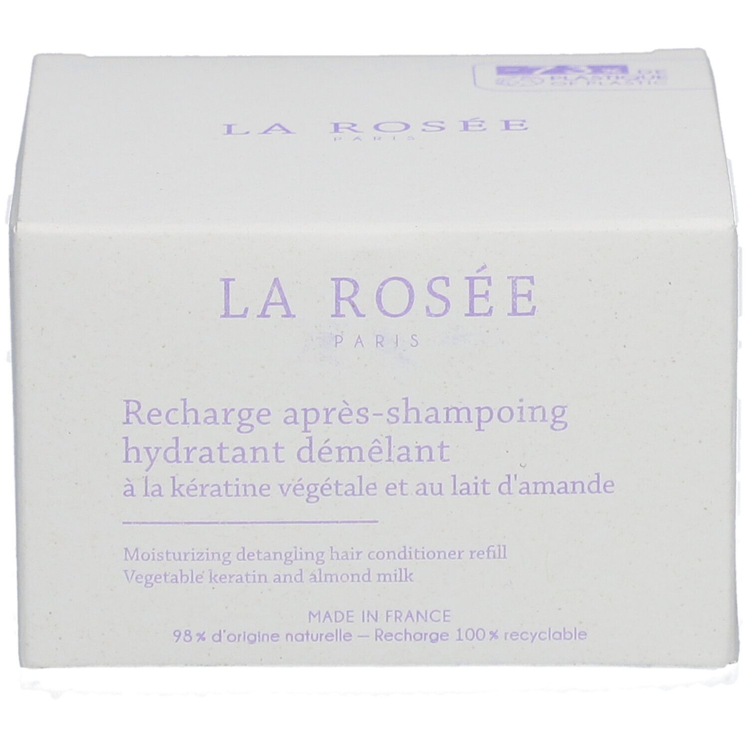 Boîte blanche avec informations produit. Inscription: LA ROSÉE PARIS, Recharge après-shampooing hydratant démêlant.