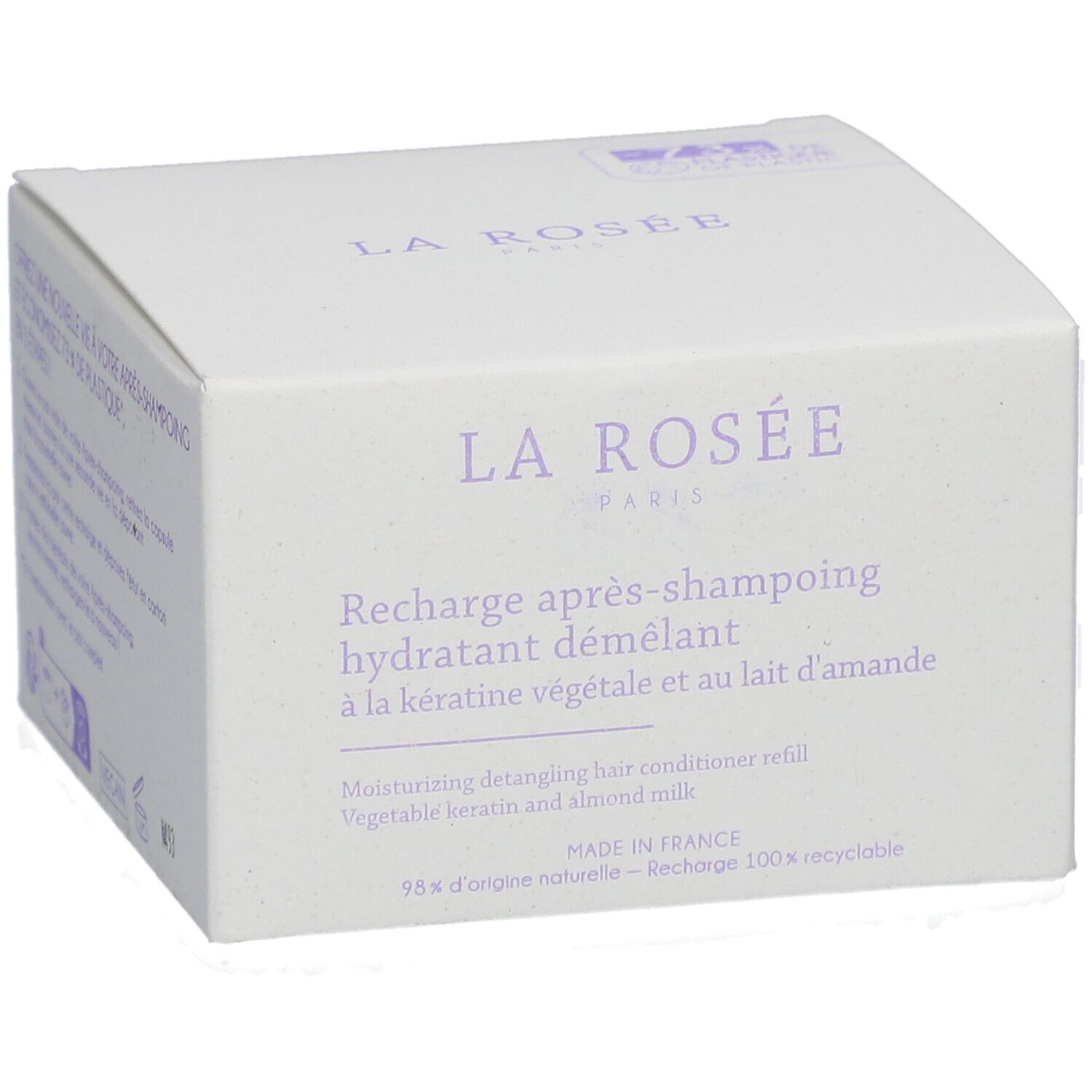 Boîte blanche avec informations produit. Inscription: LA ROSÉE PARIS, Recharge après-shampooing hydratant démêlant.