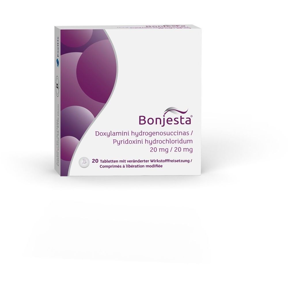 Weiße Schachtel mit lila Design. Aufschrift: Bonjesta, Doxylamin, Pyridoxin, 20 mg/20 mg. Enthält 20 Tabletten.