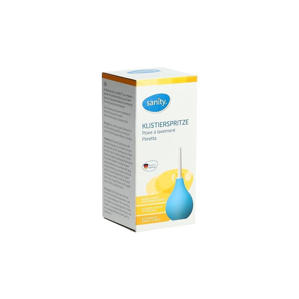 Boîte avec poire à lavement bleue. Inscription: sanity. Klistierspritze. Peretta. Avec drapeau allemand.