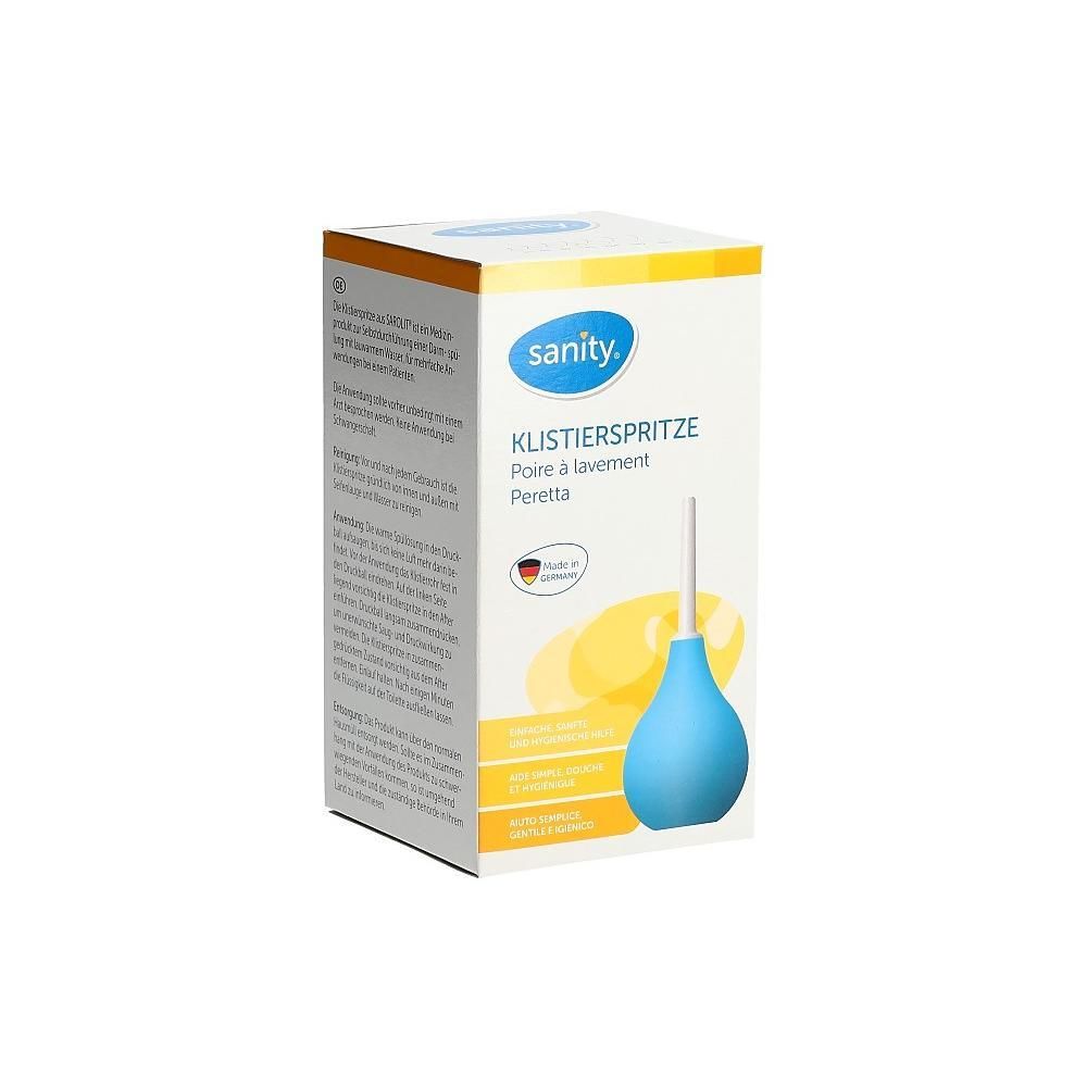 Boîte de poire à lavement. Marque : sanity. Seringue bleue avec embout blanc. Emballage jaune et blanc avec nom du produit.