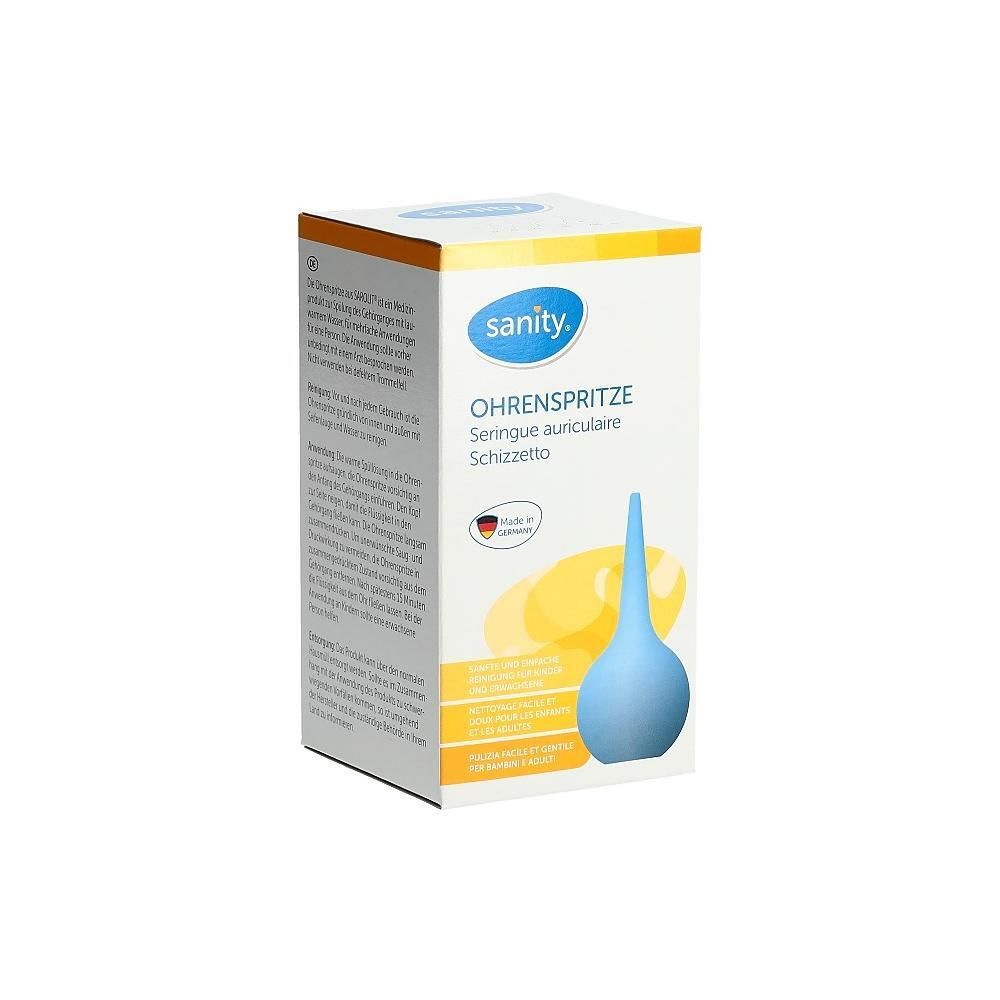 Boîte avec seringue auriculaire bleue. Fond jaune. Inscription : sanity, Seringue auriculaire, Schizzetto.