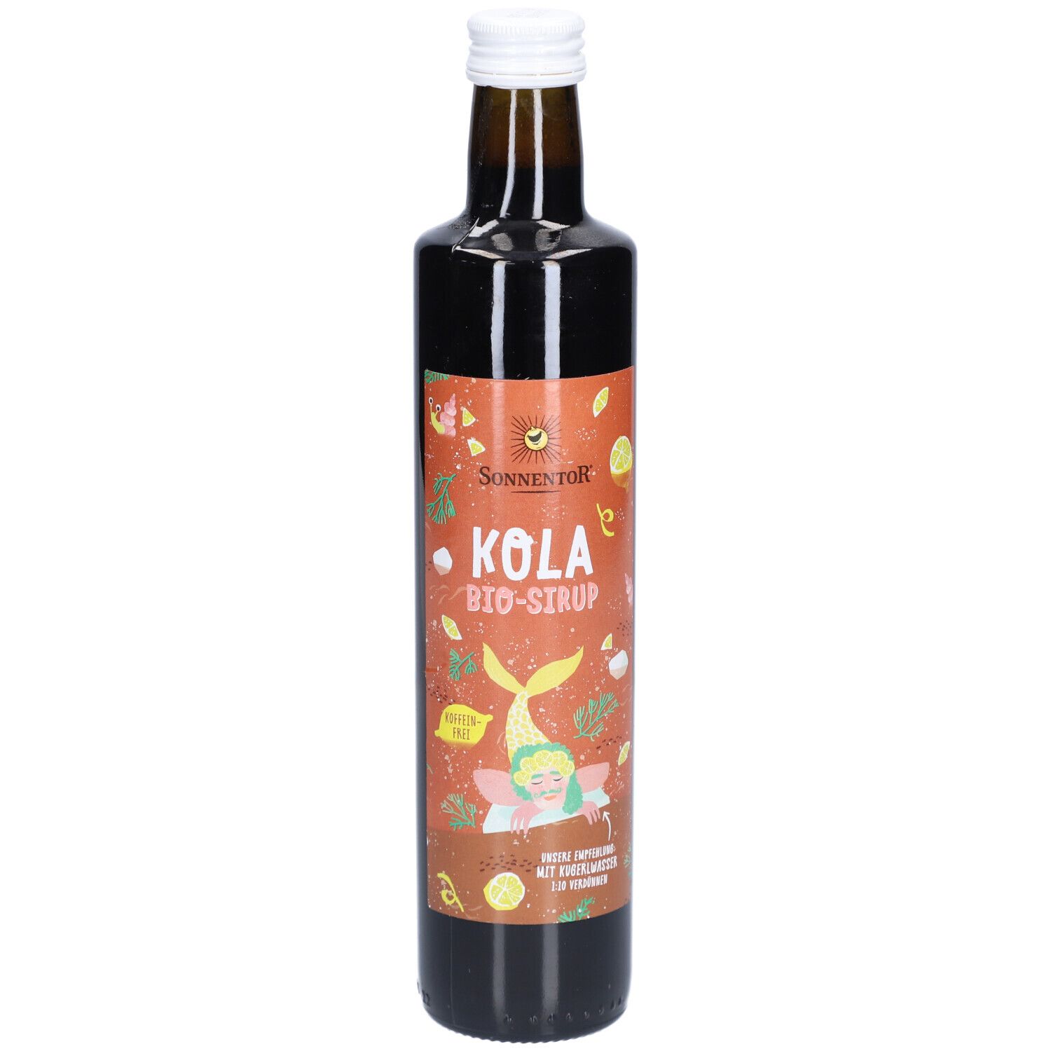 Braune Glasflasche mit weißem Deckel. Etikett mit "KOLA BIO-SIRUP" und Illustration. Marke: SONNENTOR.