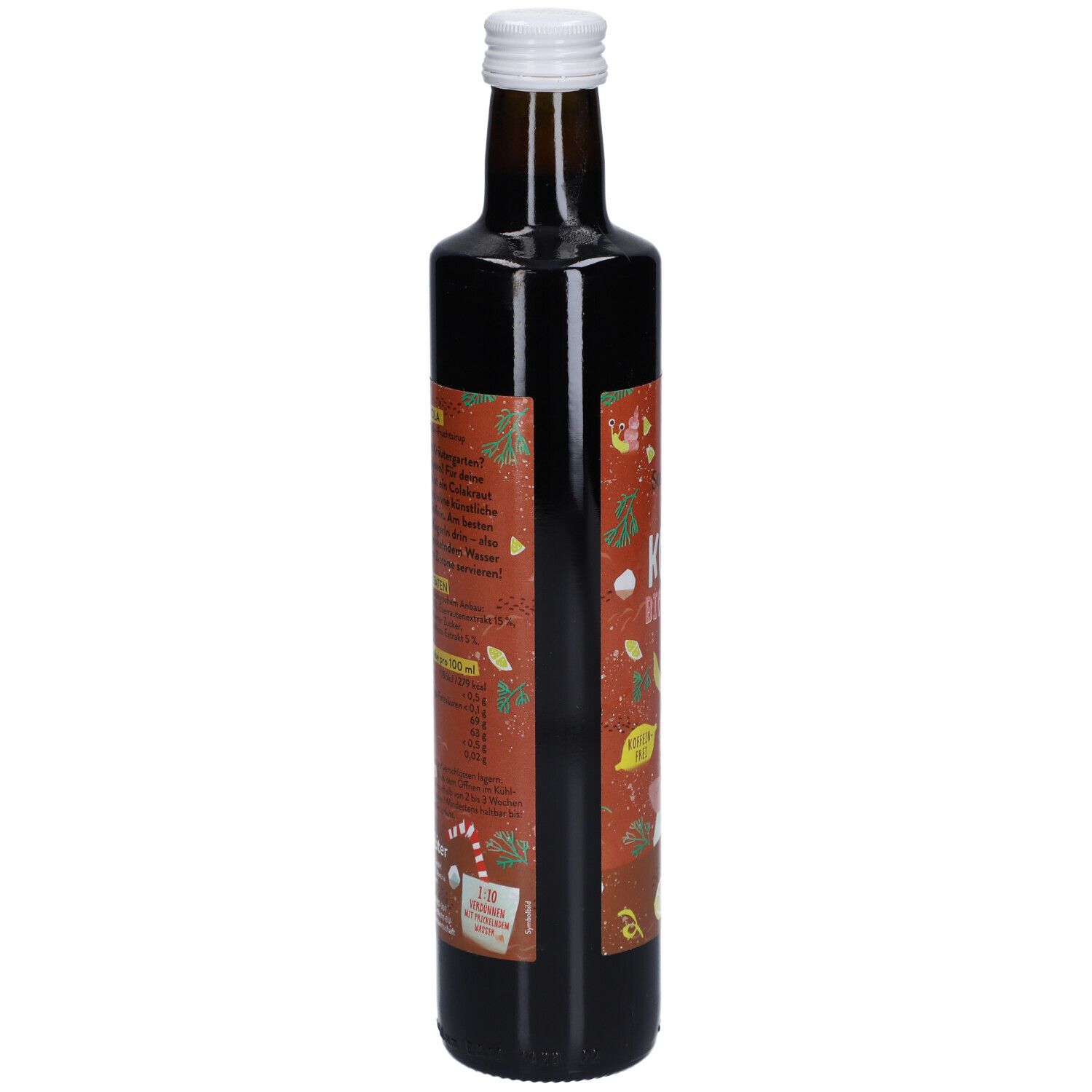 Braune Glasflasche. Etikett mit Text und Illustrationen. Rückseite mit Nährwertangaben und Zutatenliste.
