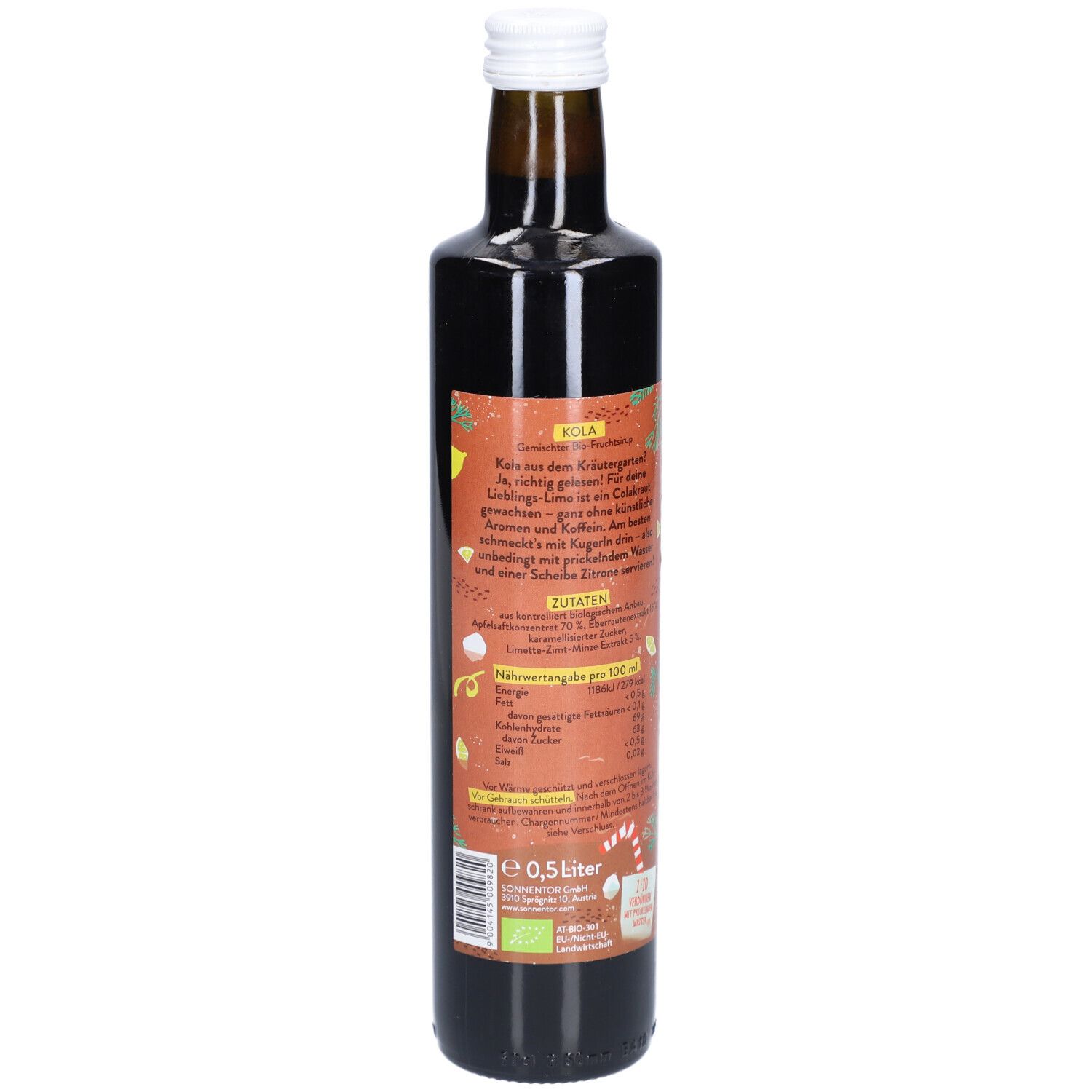 Braune Glasflasche. Etikett mit Text über Inhaltsstoffe und Nährwertangaben. Volumen: 0,5 Liter.