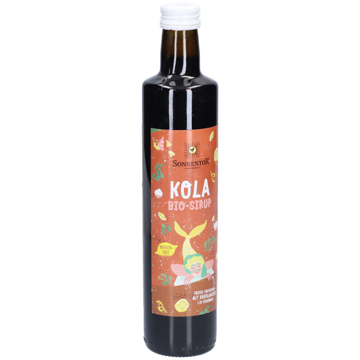 Braune Glasflasche mit weißem Deckel. Etikett mit "KOLA BIO-SIRUP" und Illustration. Marke: SONNENTOR.