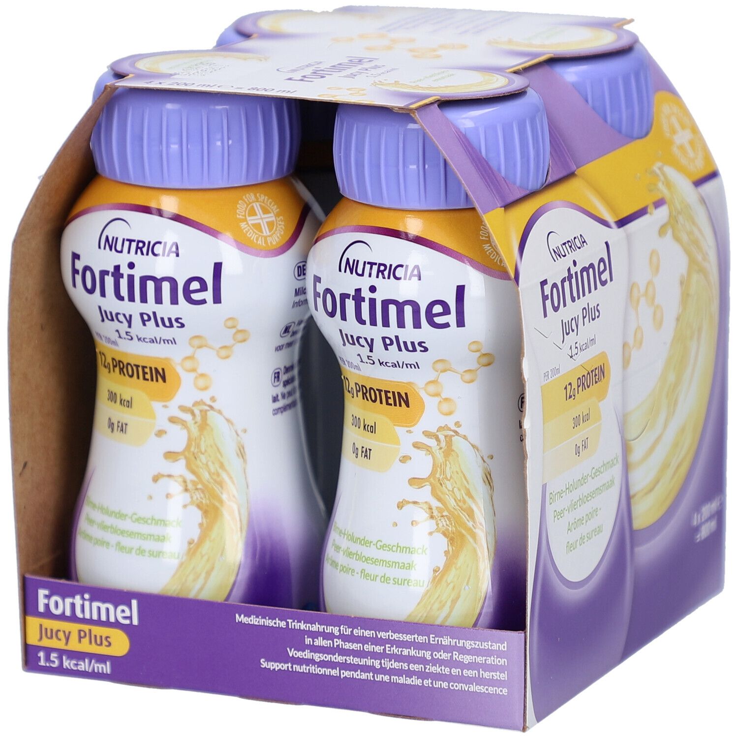 Packung mit vier Flaschen Nutricia Fortimel Jucy Plus. Flaschen mit lila Deckel, gelbem Etikett. Aufdruck: 12g Protein.