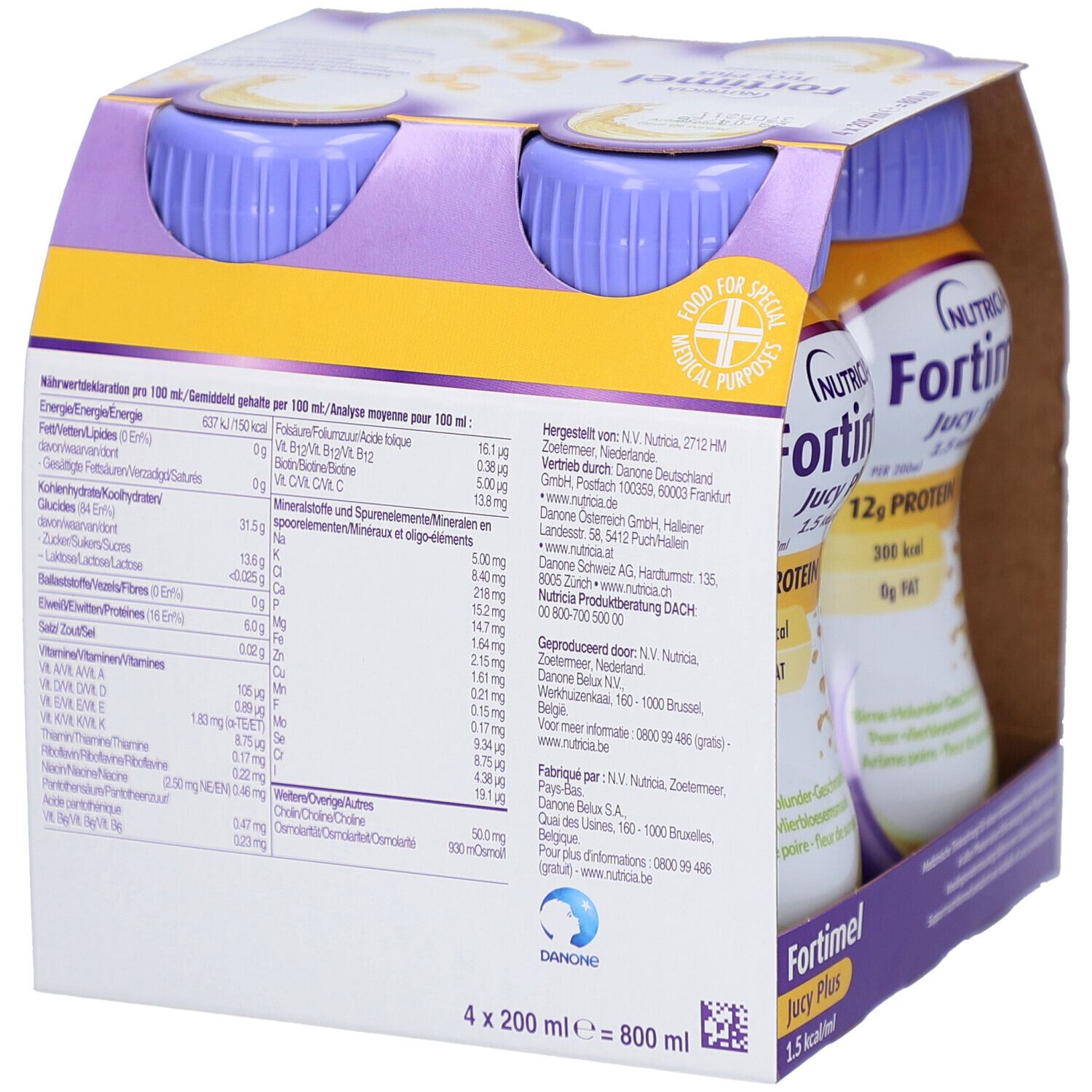 Rückseite einer Packung mit vier Flaschen Nutricia Fortimel Jucy Plus. Enthält Nährwertangaben und Herstellerinformationen.