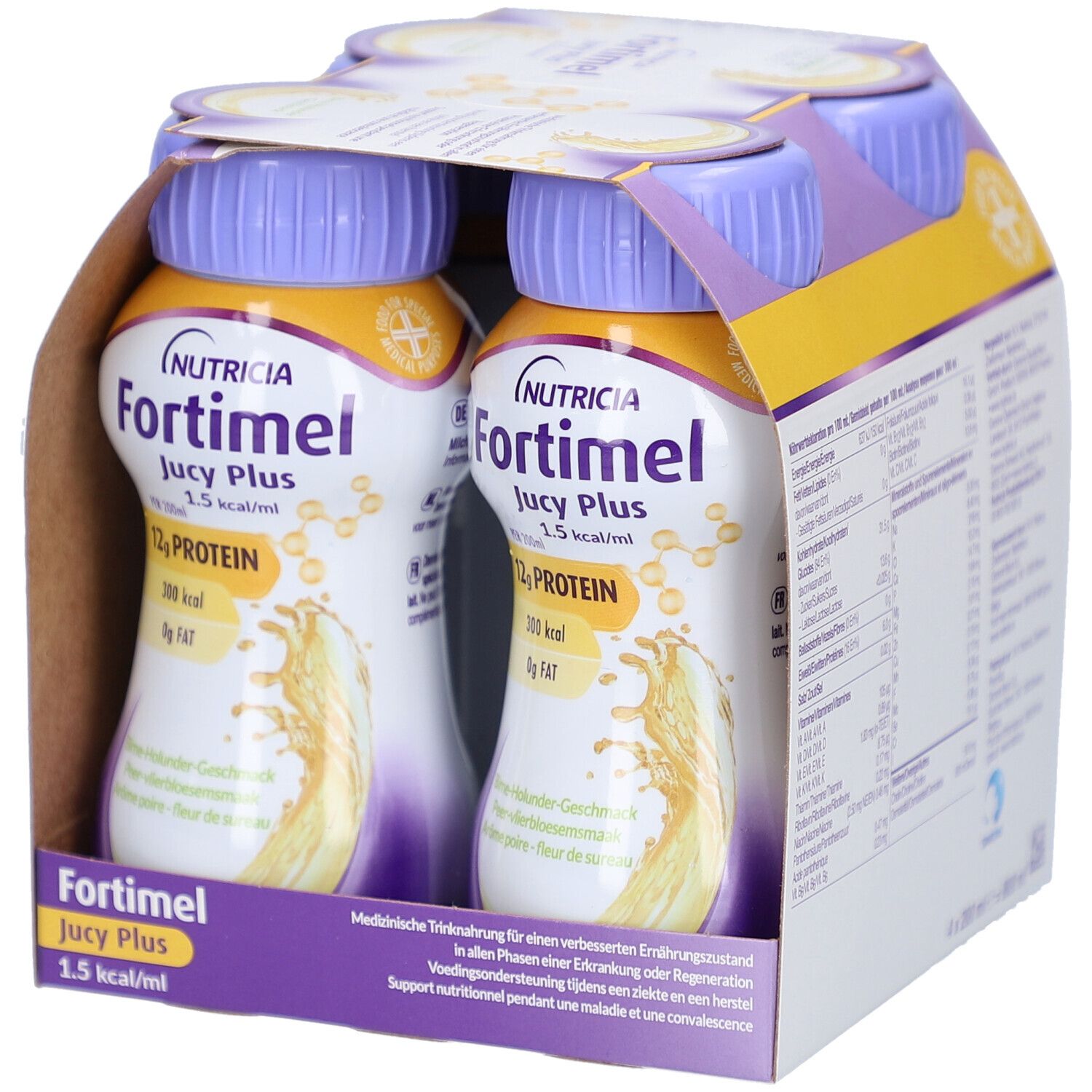 Packung mit vier Flaschen Nutricia Fortimel Jucy Plus. Flaschen mit lila Deckel, gelbem Etikett. Aufdruck: 12g Protein.