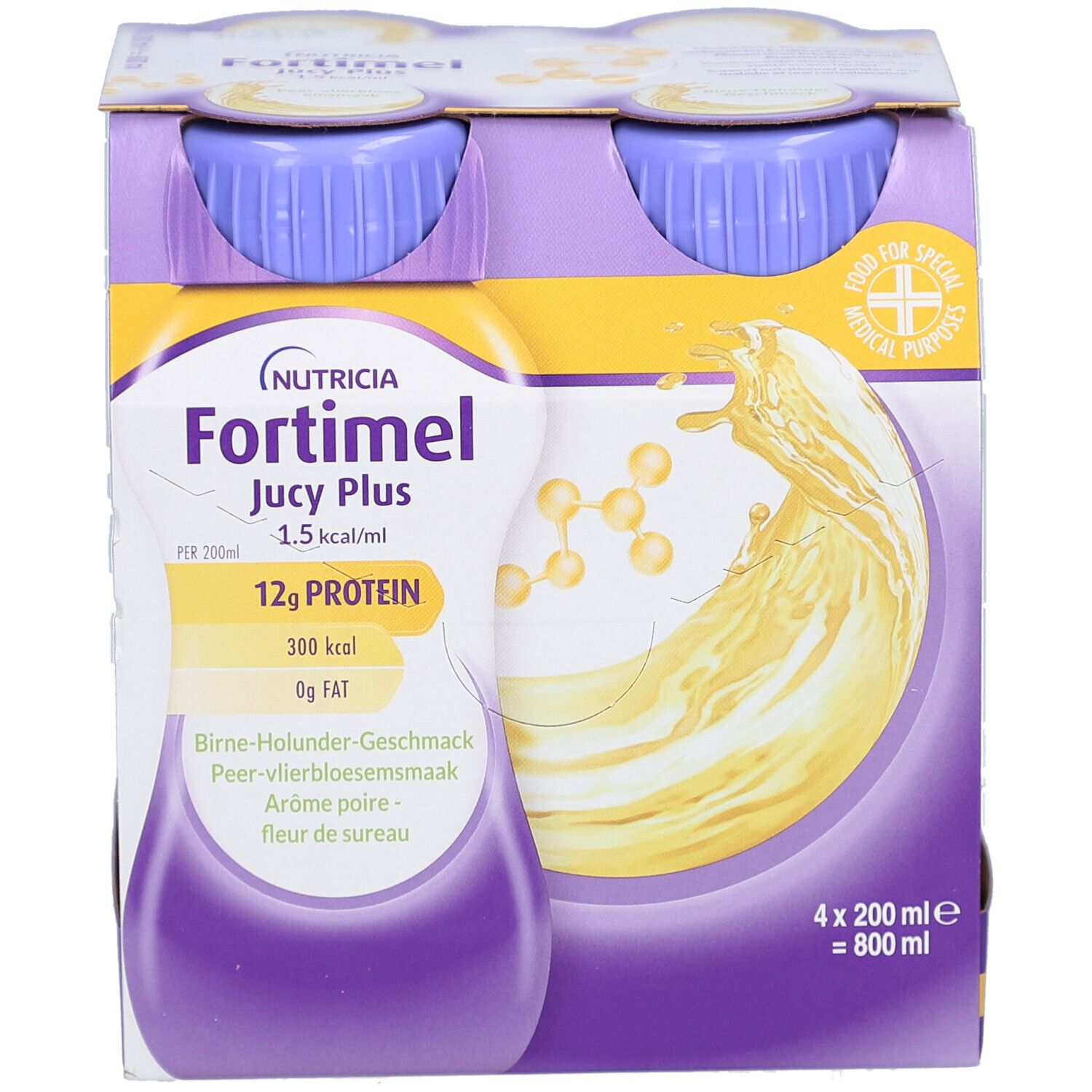 Packung mit vier Flaschen Nutricia Fortimel Jucy Plus. Flaschen mit lila Deckel, gelbem Etikett. Aufdruck: 12g Protein.