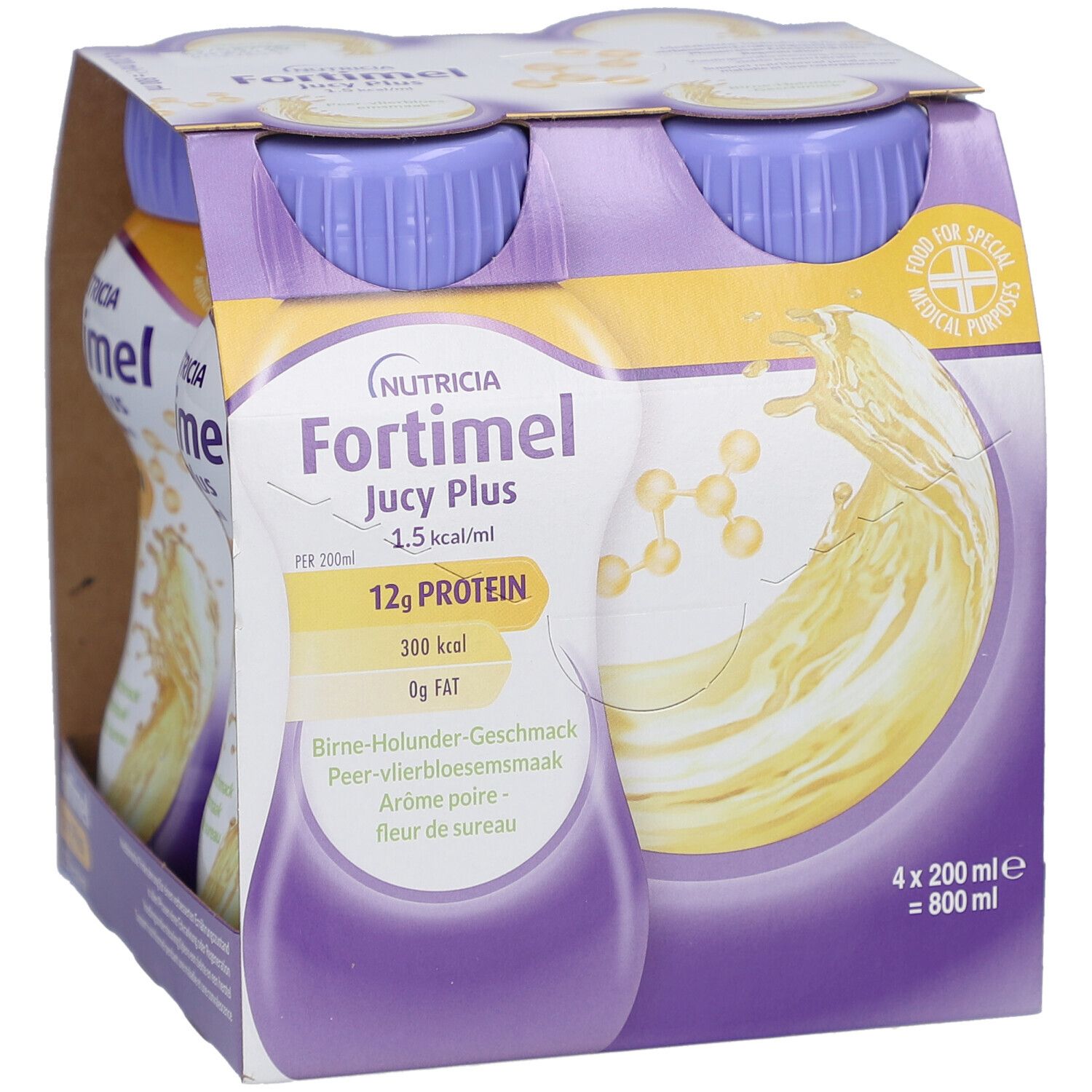 Packung mit vier Flaschen Nutricia Fortimel Jucy Plus. Flaschen mit lila Deckel, gelbem Etikett. Aufdruck: 12g Protein.