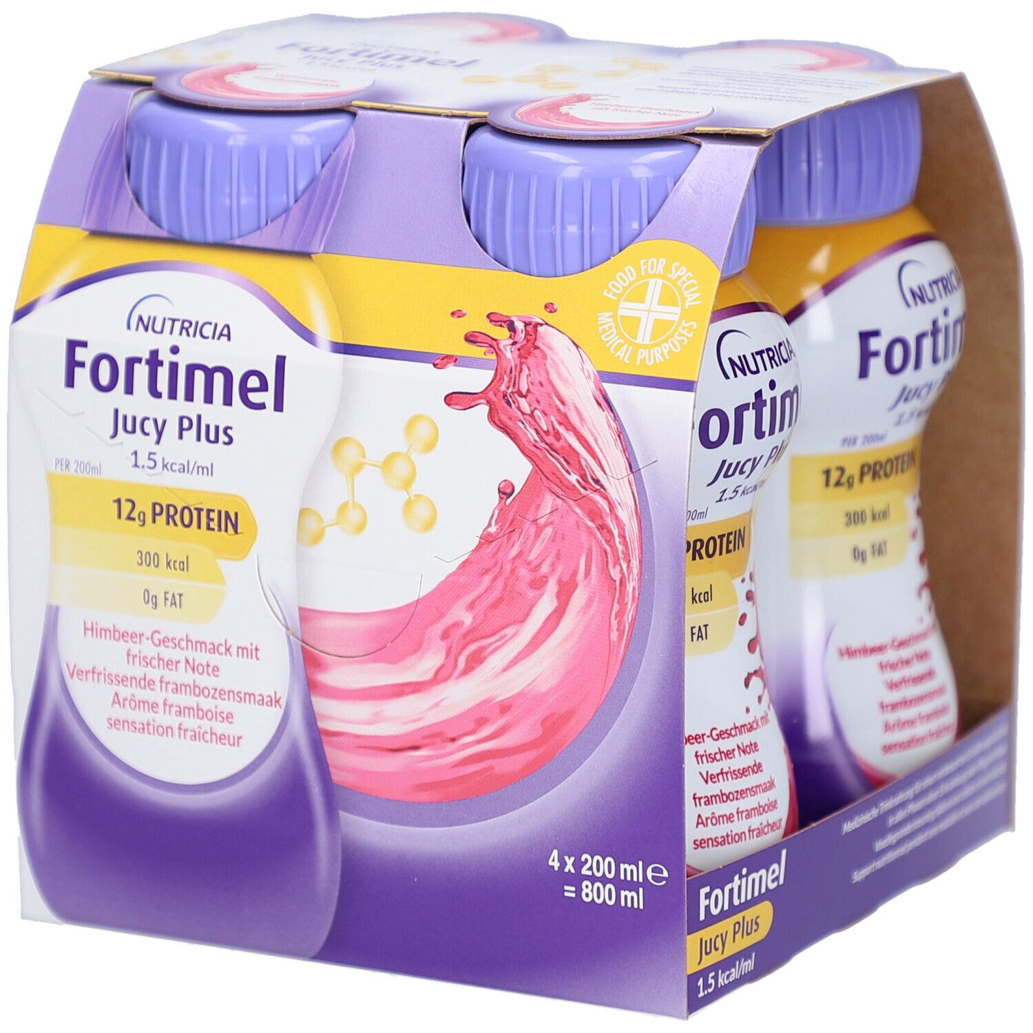 Packung mit vier Flaschen Nutricia Fortimel Jucy Plus. Lila Deckel, gelbes Etikett, Himbeer-Geschmack. 12g Protein.