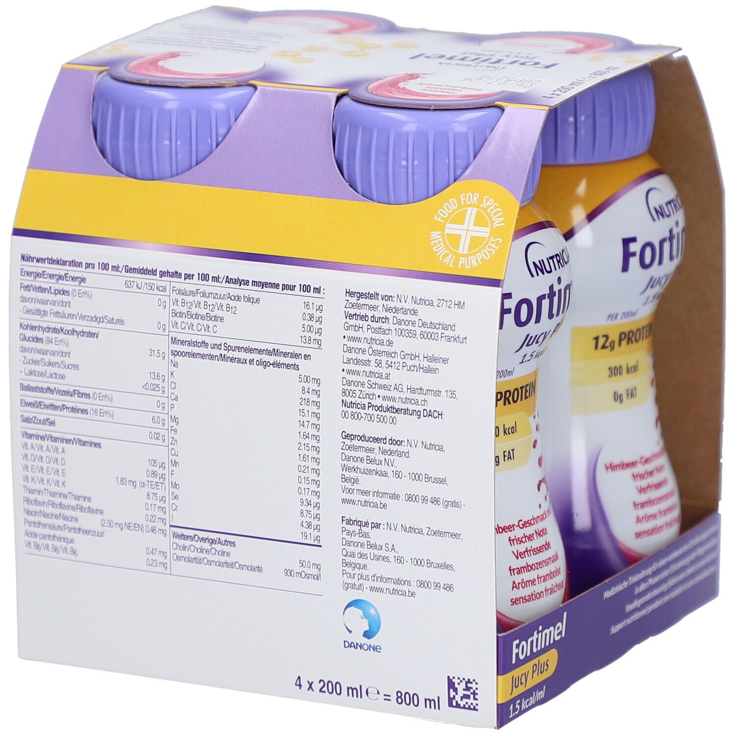 Rückseite der Packung mit Nährwertangaben und Herstellerinformationen. Nutricia Fortimel Jucy Plus, 4x200ml.