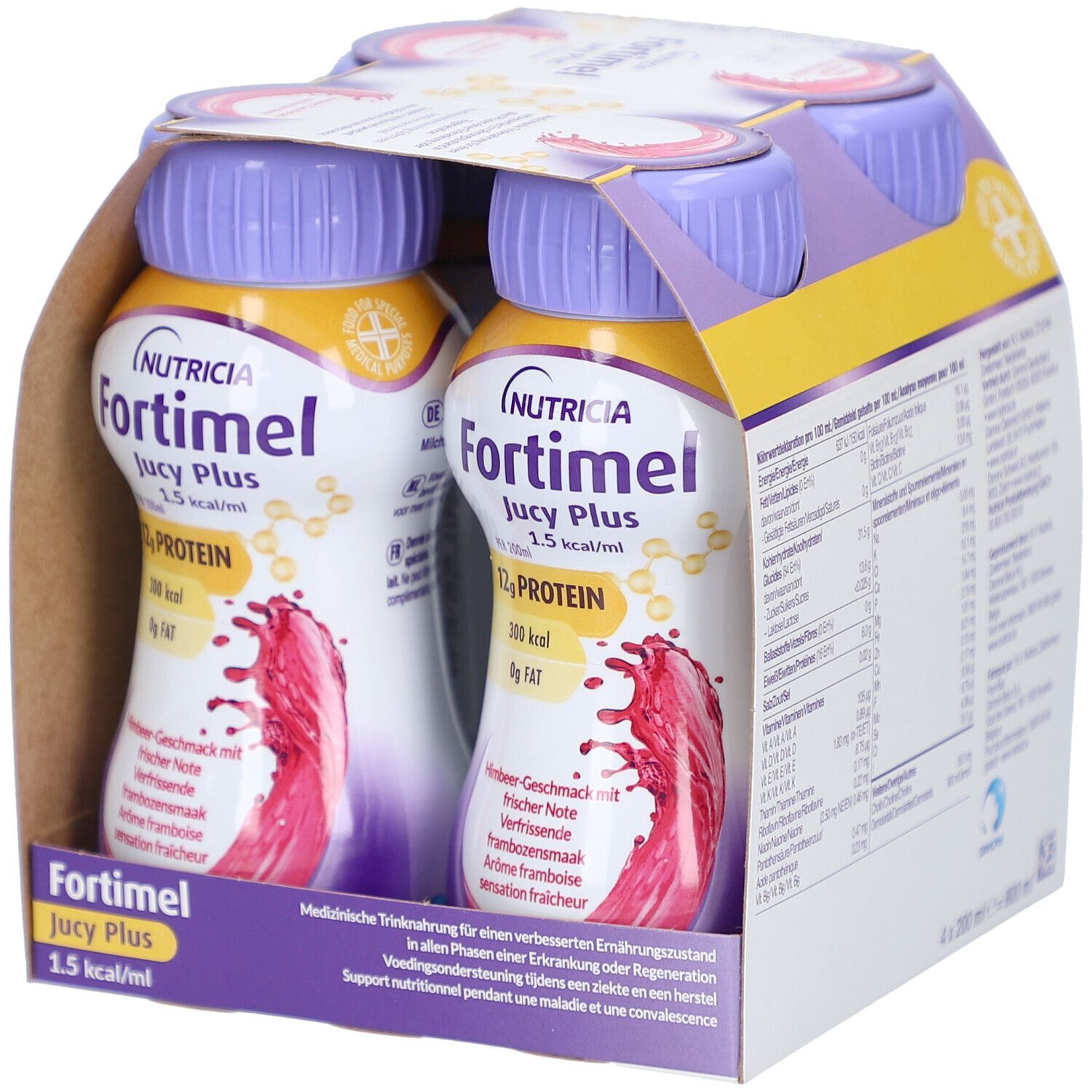 Packung mit zwei Flaschen Nutricia Fortimel Jucy Plus. Lila Deckel, gelbes Etikett, Himbeer-Geschmack. 12g Protein.