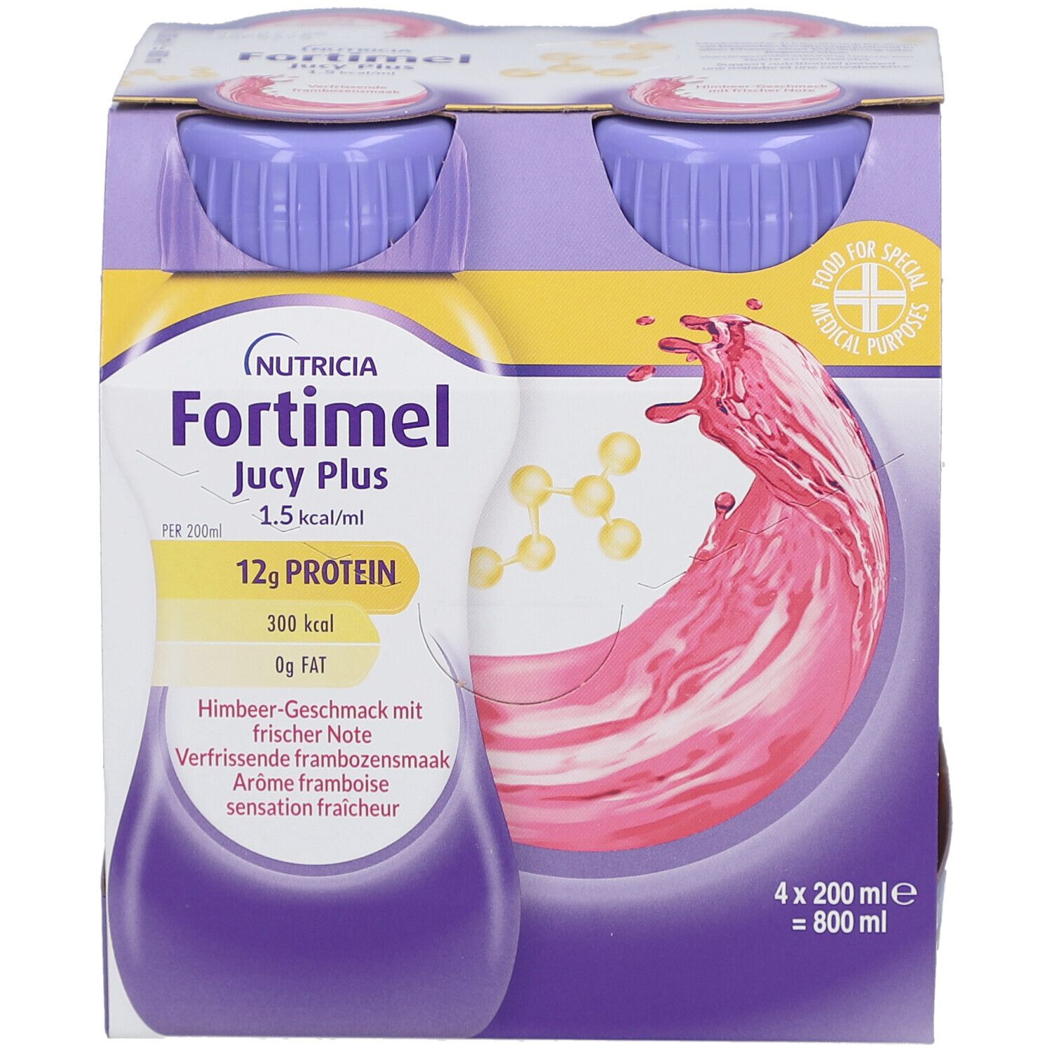 Vier Flaschen Nutricia Fortimel Jucy Plus. Lila Deckel, gelbes Etikett, Himbeer-Geschmack. 12g Protein. 4x200ml.