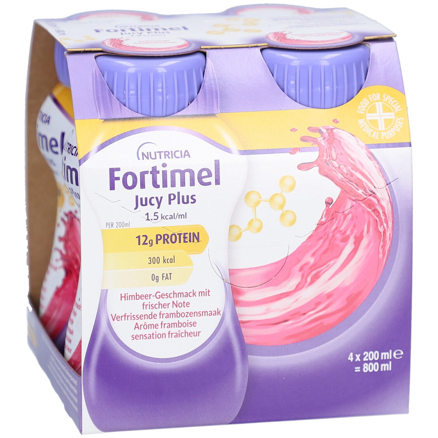Vier Flaschen Nutricia Fortimel Jucy Plus. Lila Deckel, gelbes Etikett, Himbeer-Geschmack. 12g Protein. 4x200ml.