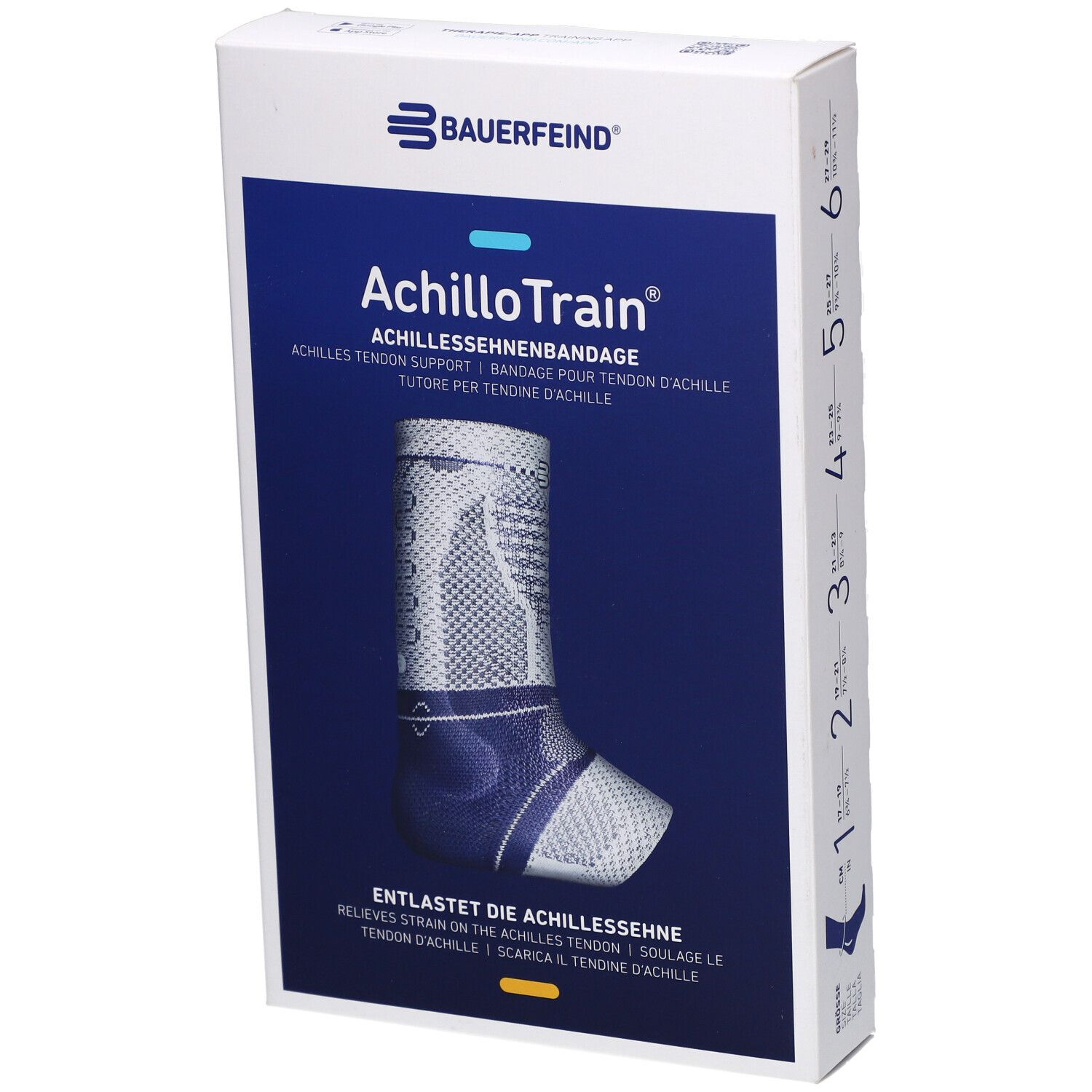 Bauerfeind AchilloTrain® Bandage in Verpackung. Blau-weißes Design, Größenangabe auf der Seite.