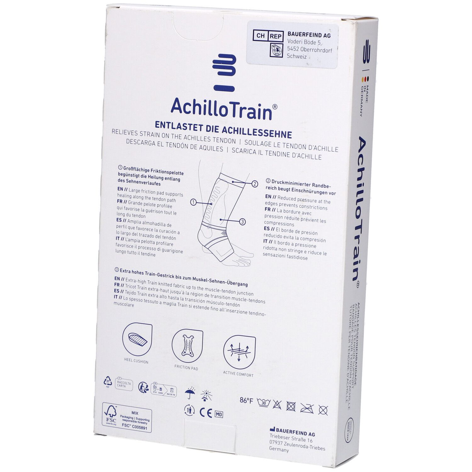 Rückseite der Bauerfeind AchilloTrain® Verpackung. Produktabbildung und Beschreibung.