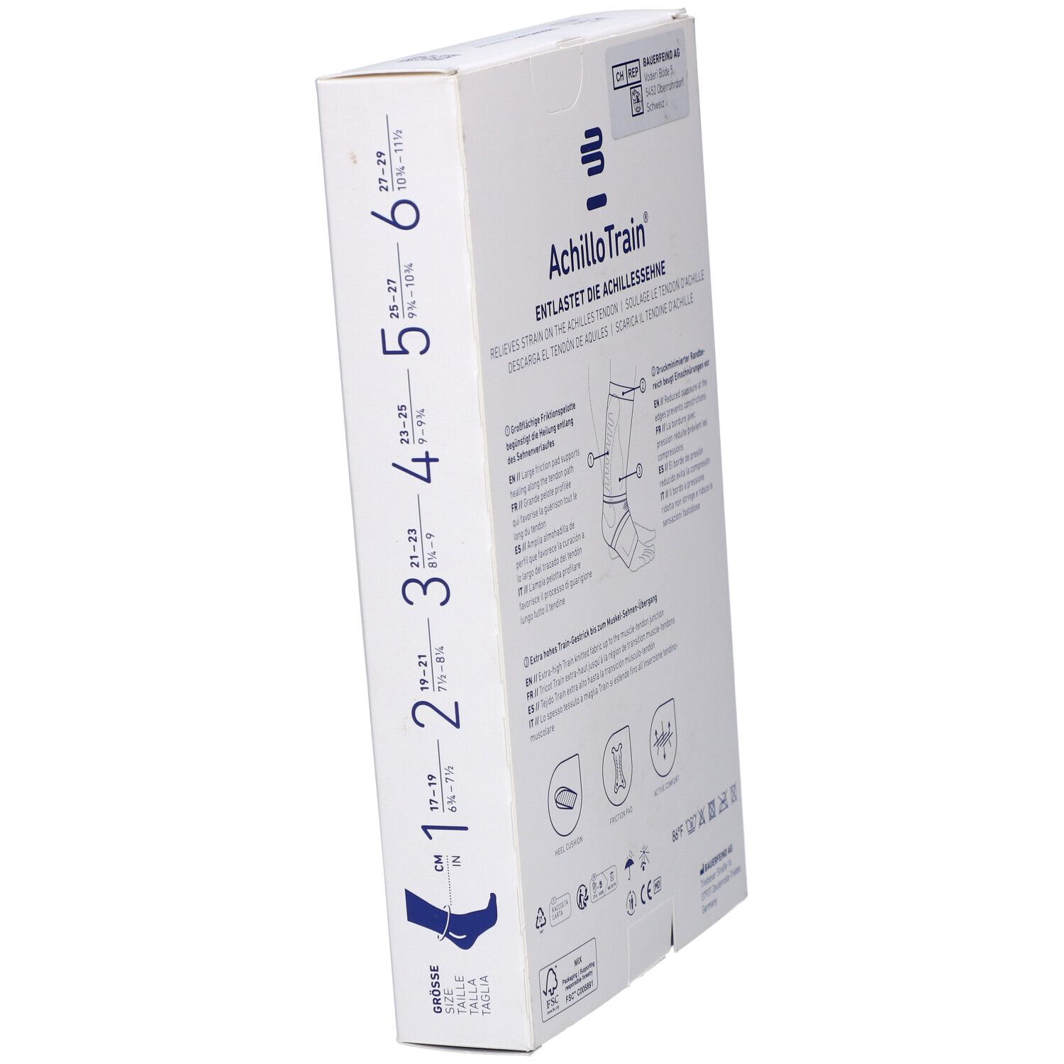 Bauerfeind AchilloTrain® Verpackung, Seitenansicht mit Größenangaben. Größen 1-6.