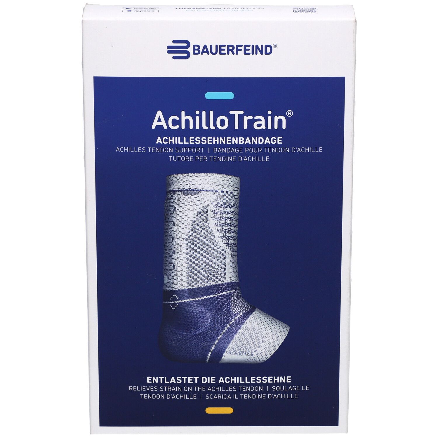 Bauerfeind AchilloTrain® Bandage in Verpackung. Blau-weißes Design, Produktabbildung.
