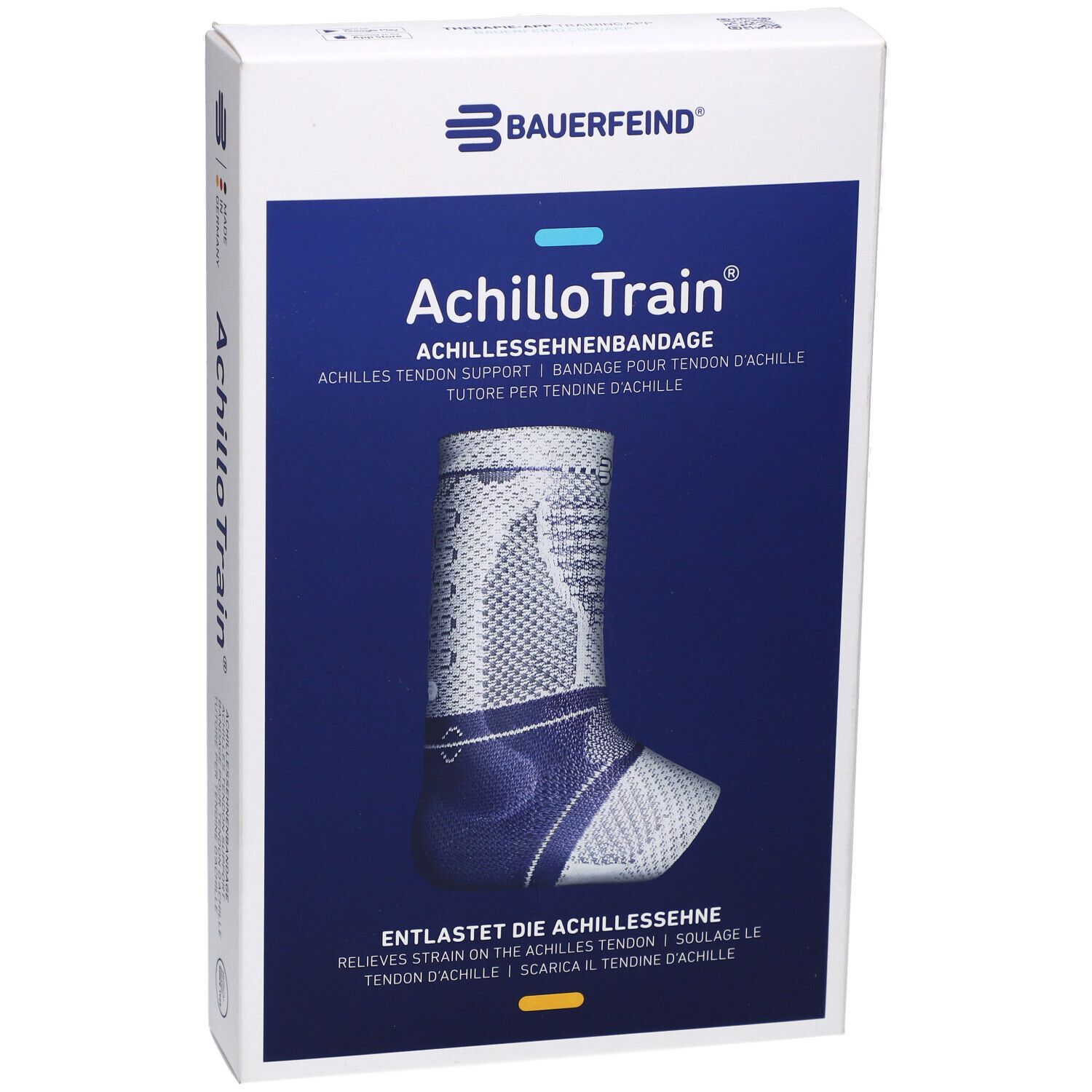Bauerfeind AchilloTrain® Bandage in Verpackung. Blau-weißes Design, Produktansicht.