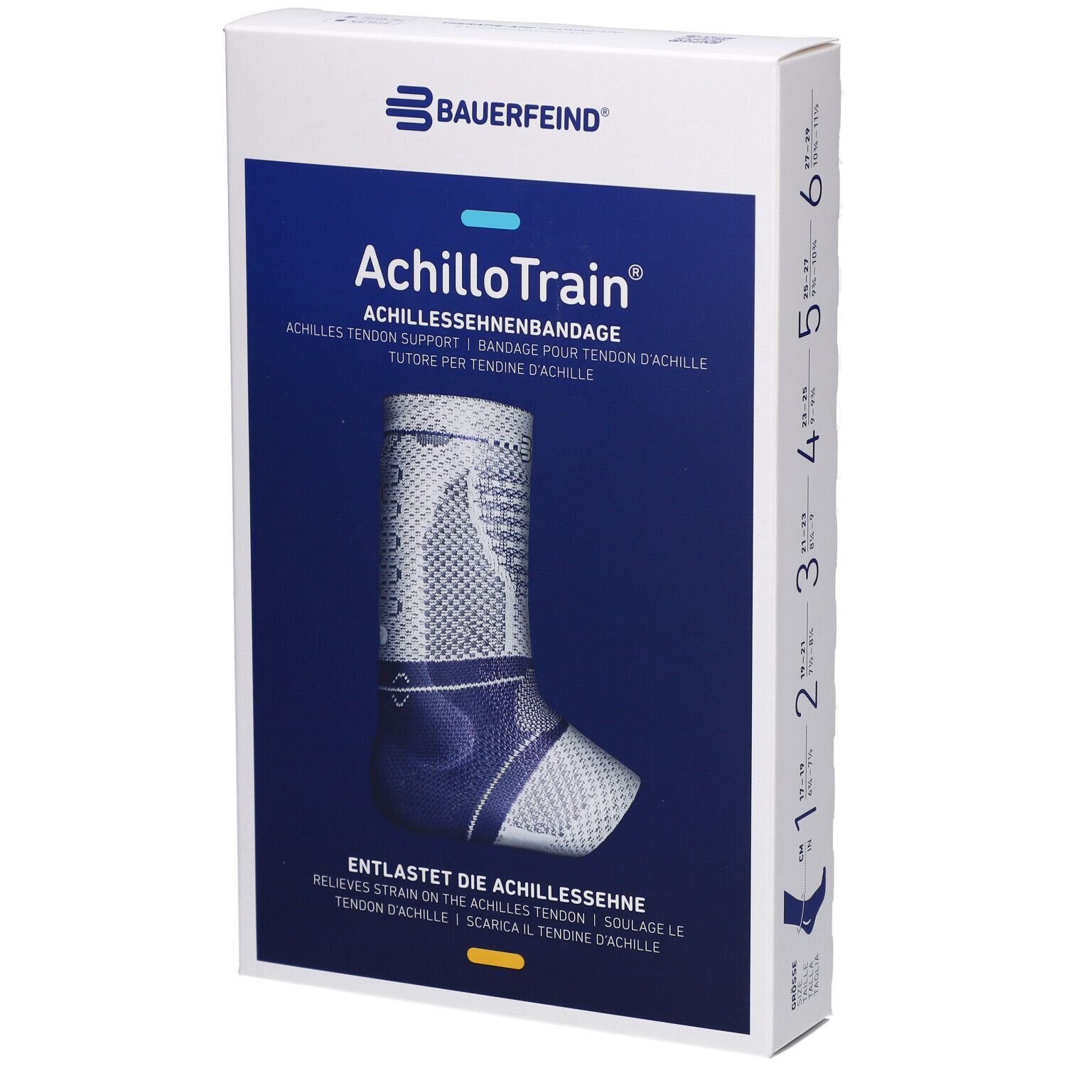 Bauerfeind AchilloTrain® Bandage in Verpackung. Blauer Hintergrund, Produktabbildung.