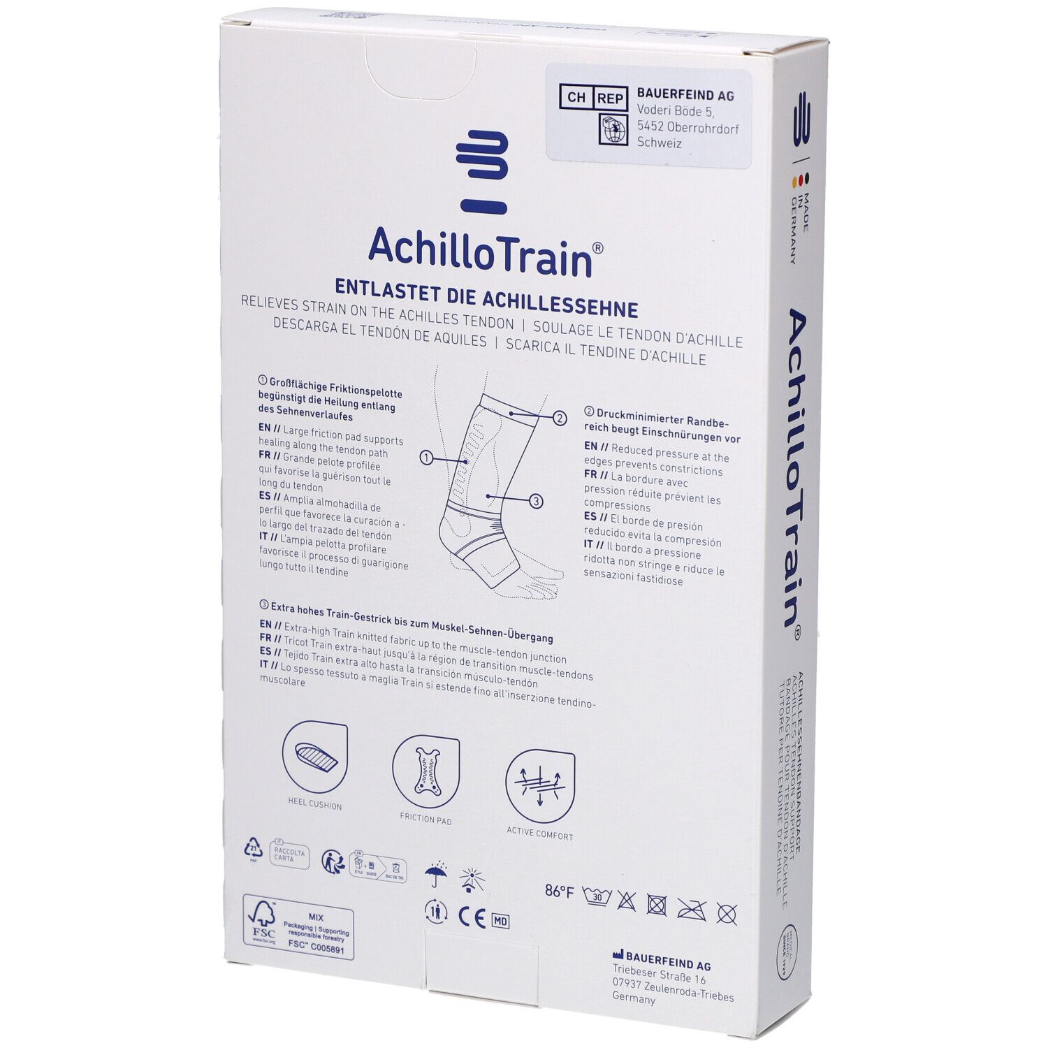 Rückseite der Bauerfeind AchilloTrain® Verpackung. Produktinformationen und Piktogramme.